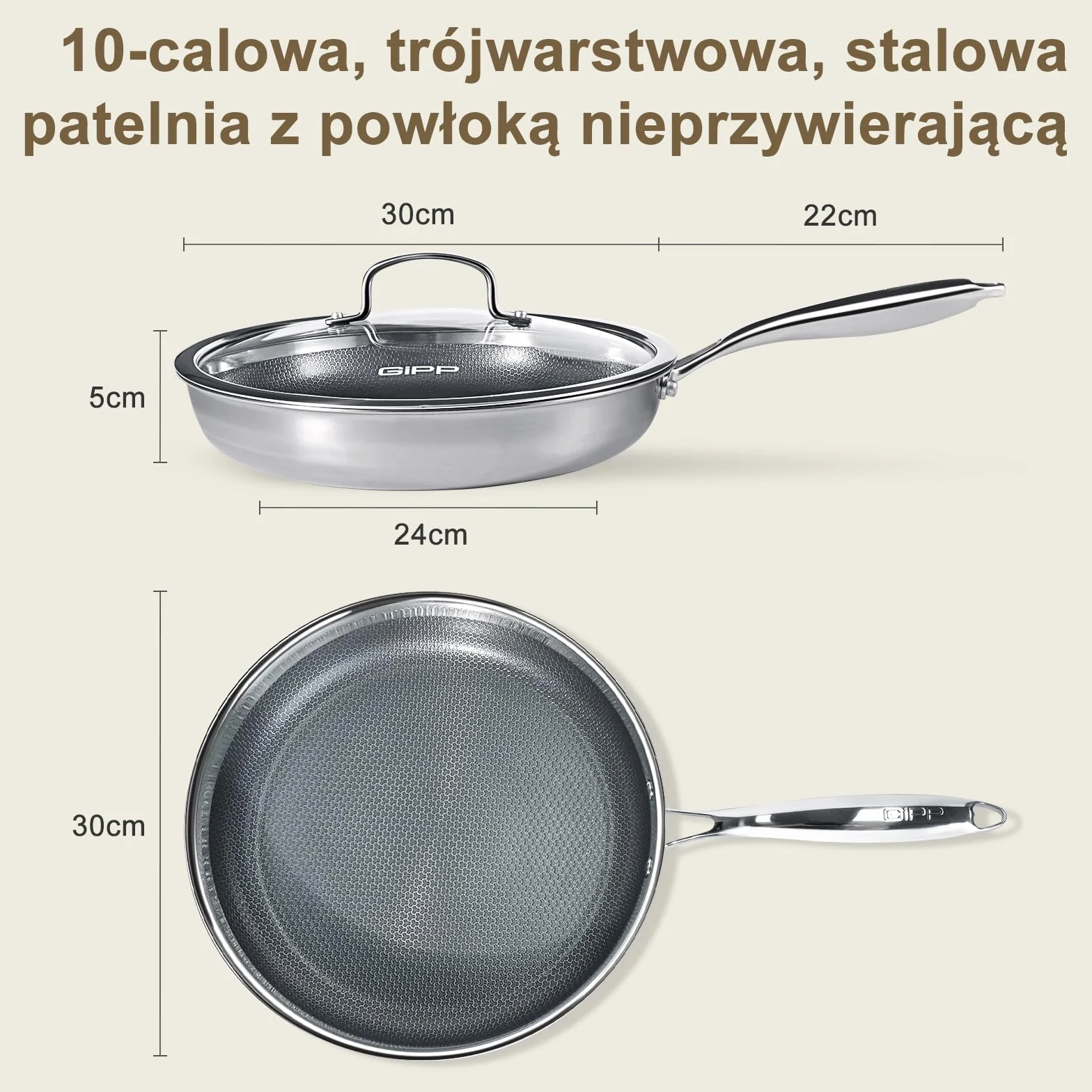 Patelnia GiPP 30CM ze Stali Nierdzewnej z Potrójnym Dnem, Nieprzywierająca Powłoka Plastrem Miodu, Kompatybilna z Indukcją, Nadaje się do Piekarnika, Do Smażenia i Zdrowego Gotowania (z pokrywą)