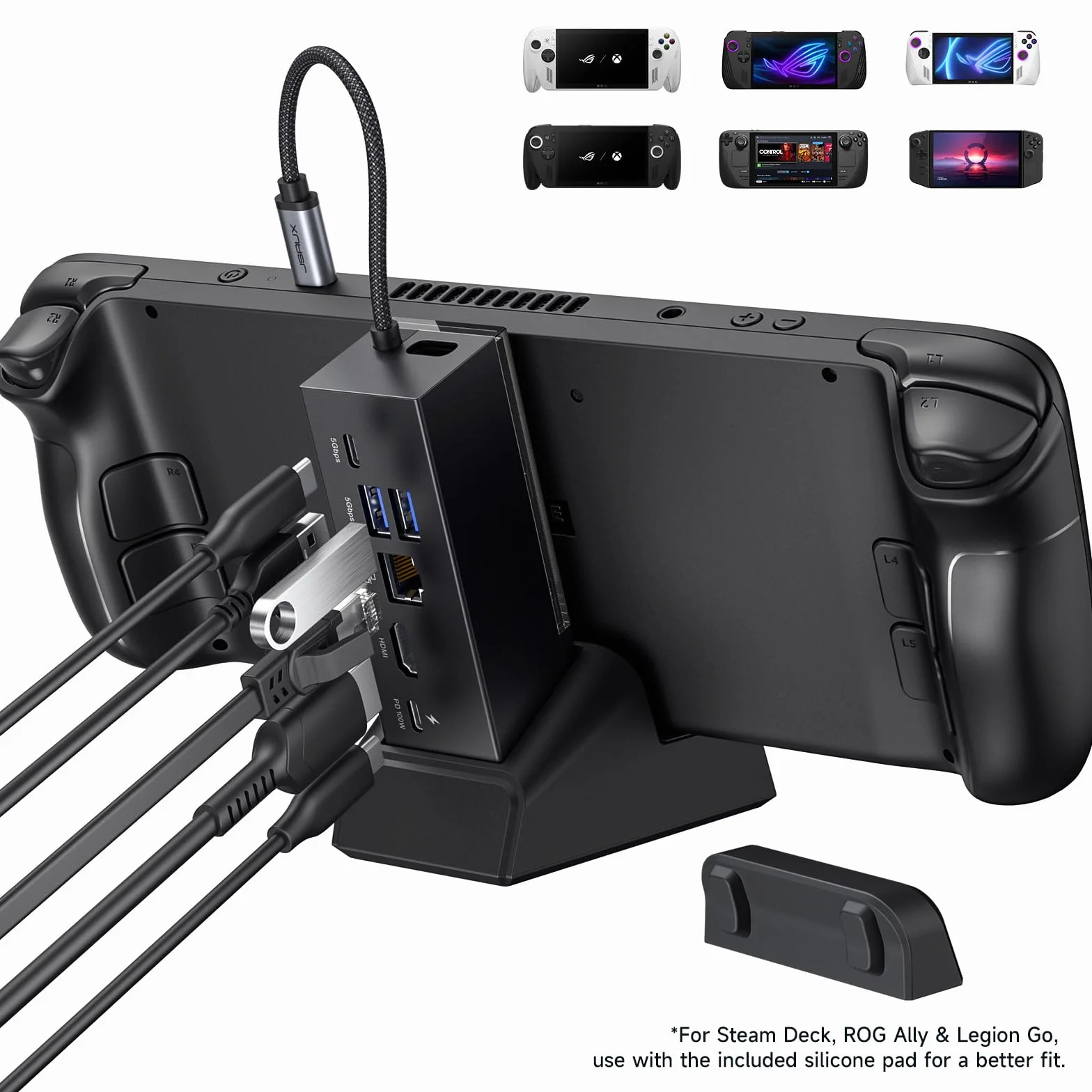 JSAUX Stacja dokująca kompatybilny z ROG Xbox Ally X (2025)/ROG Ally X/ROG Ally/Steam Deck/Legion Go S, 6 w 1 Dock z HDMI 4K@120Hz, Gigabit Ethernet, USB A i USB C 3.2 Gen 1, ładowanie PD 100W-HB0609