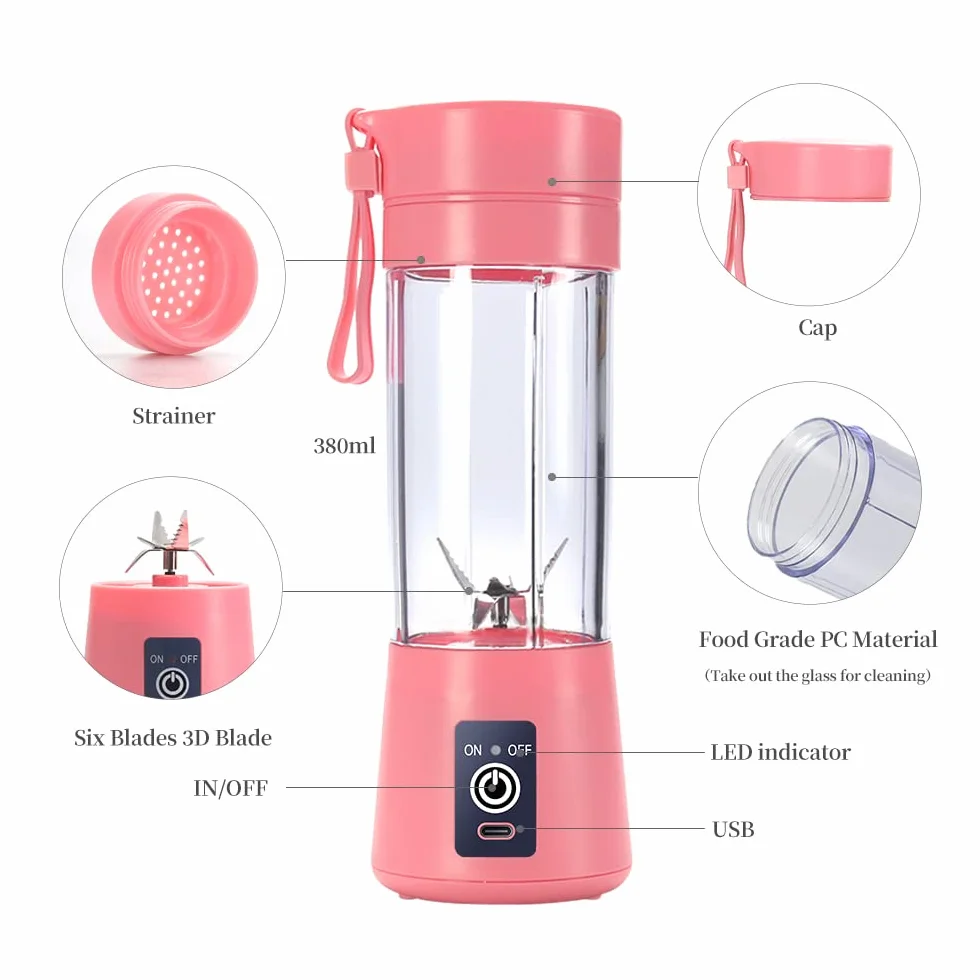 Przenośny blender, osobista wyciskarka do soku, ręczny mikser do owoców o pojemności 380 ml, ładowany przez USB, z 6 ostrzami Power Blender, podróżny, do smoothie i koktajli, różowy