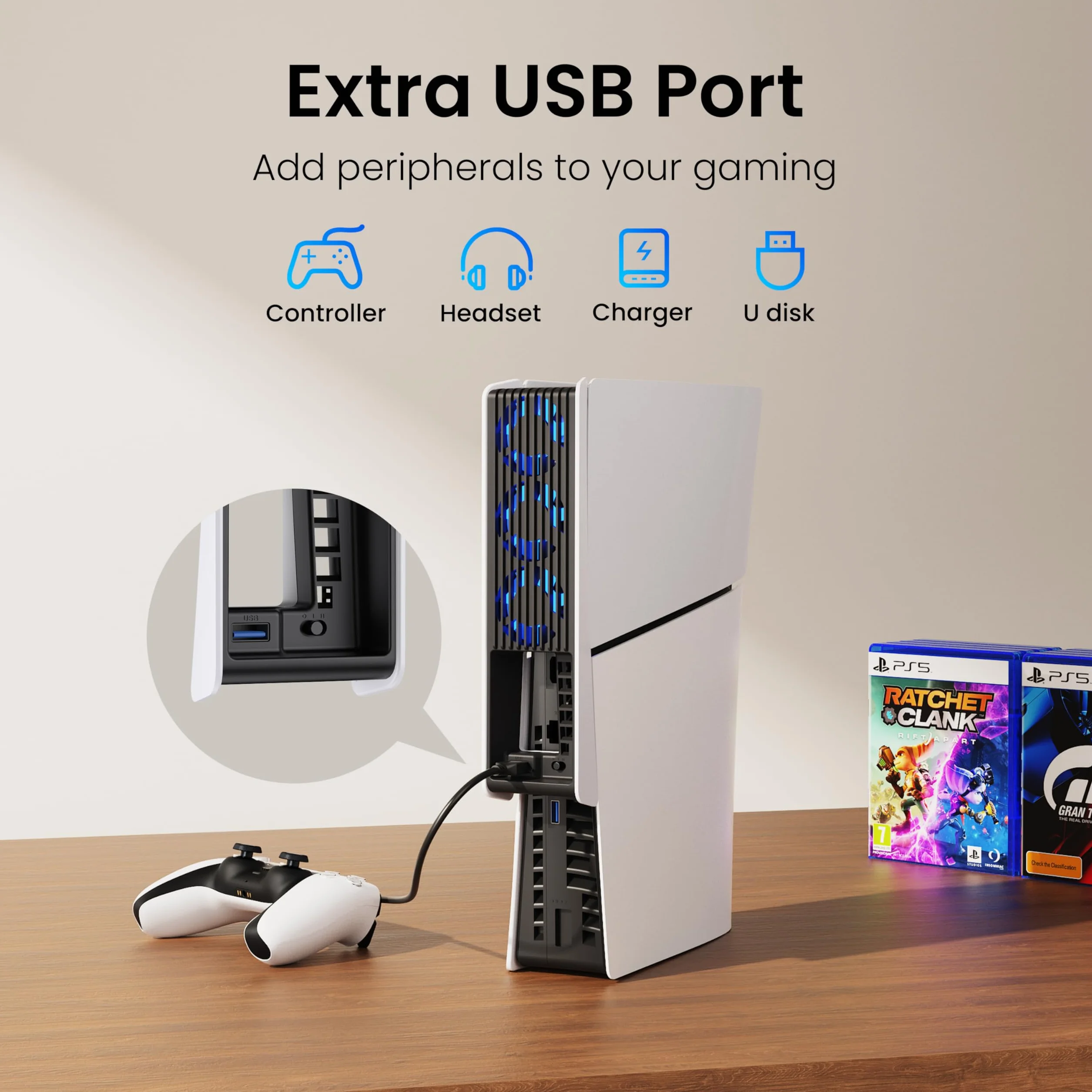 KIWIHOME PS5 Slim wentylator chłodzący z automatyczną regulacją prędkości, LED, USB 3.0
