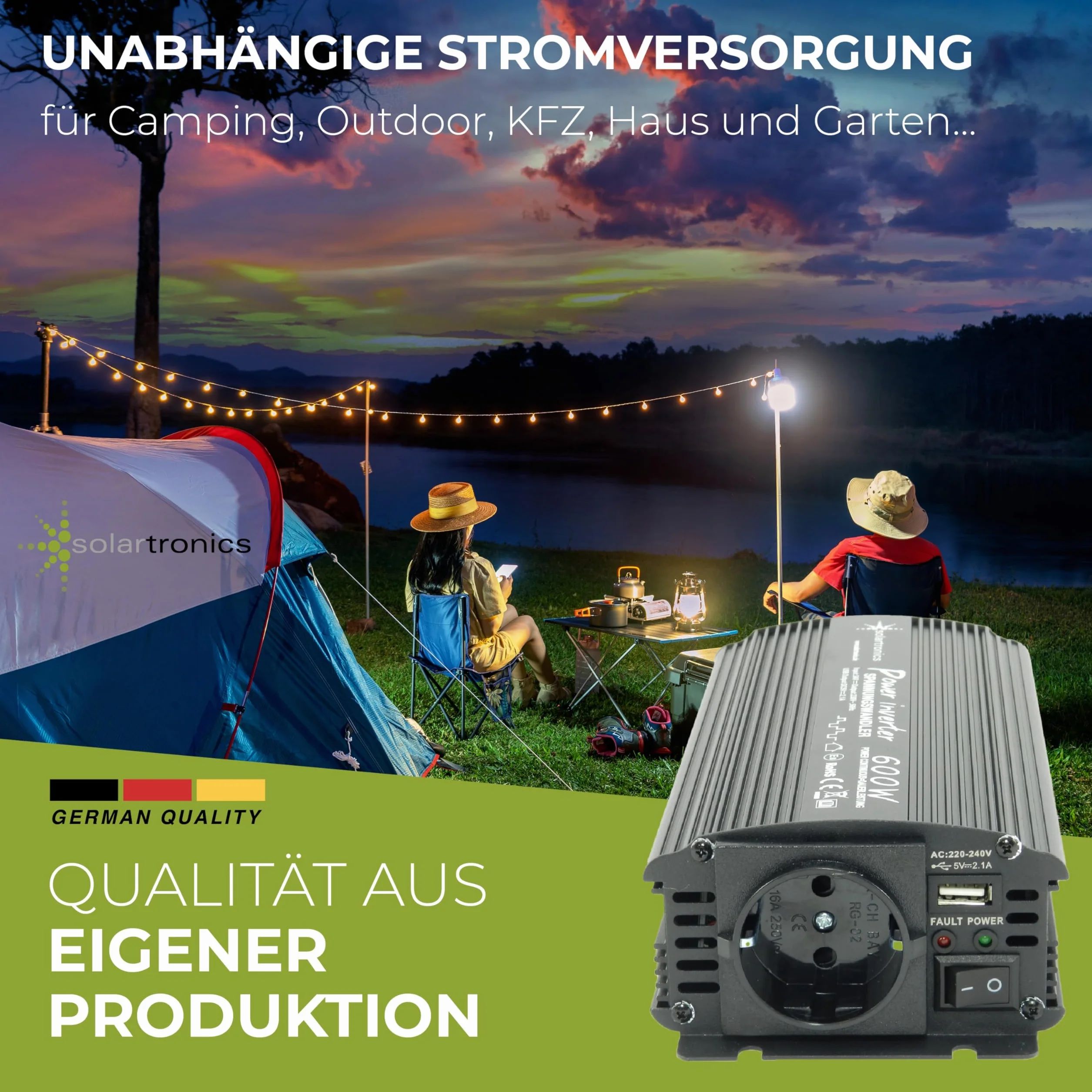 SOLARTRONICS Przetwornica napięcia NM600 12 V 600 W czarna - moc szczytowa 1200 W - falownik 12 V na 230 V - kompatybilny z bateriami ołowiowymi lub AGM - ze złączem Schuko i USB