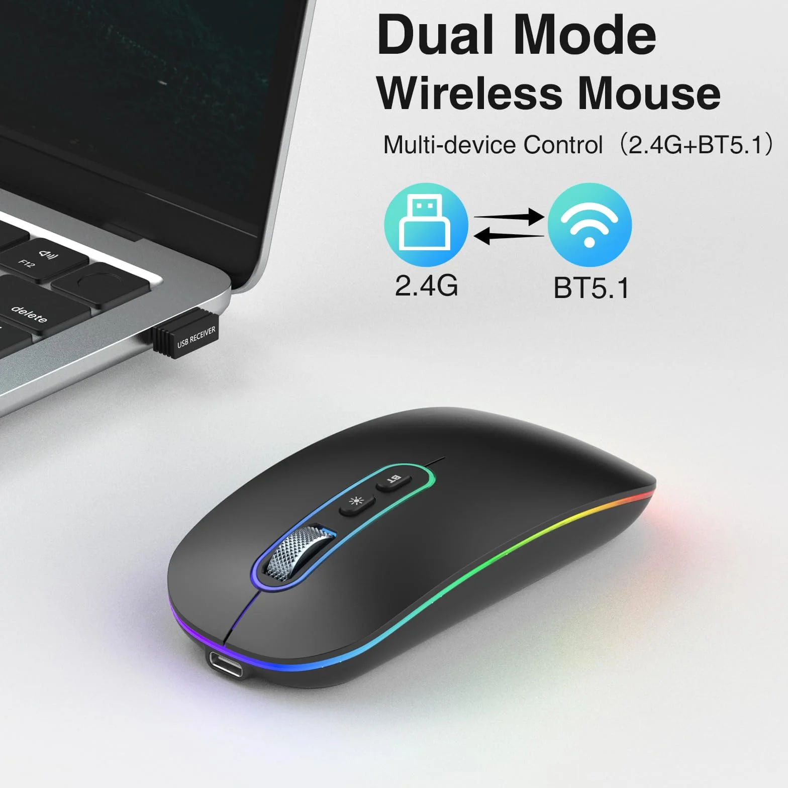 Cimetech Bluetooth Mouse Wireless (Bluetooth 5.1 + USB 2,4 GHz) LED Dual Tryb- Naładowane optyczne mysz radia biurowa dla laptopa MacBooka Air Pro, iPad, komputer.