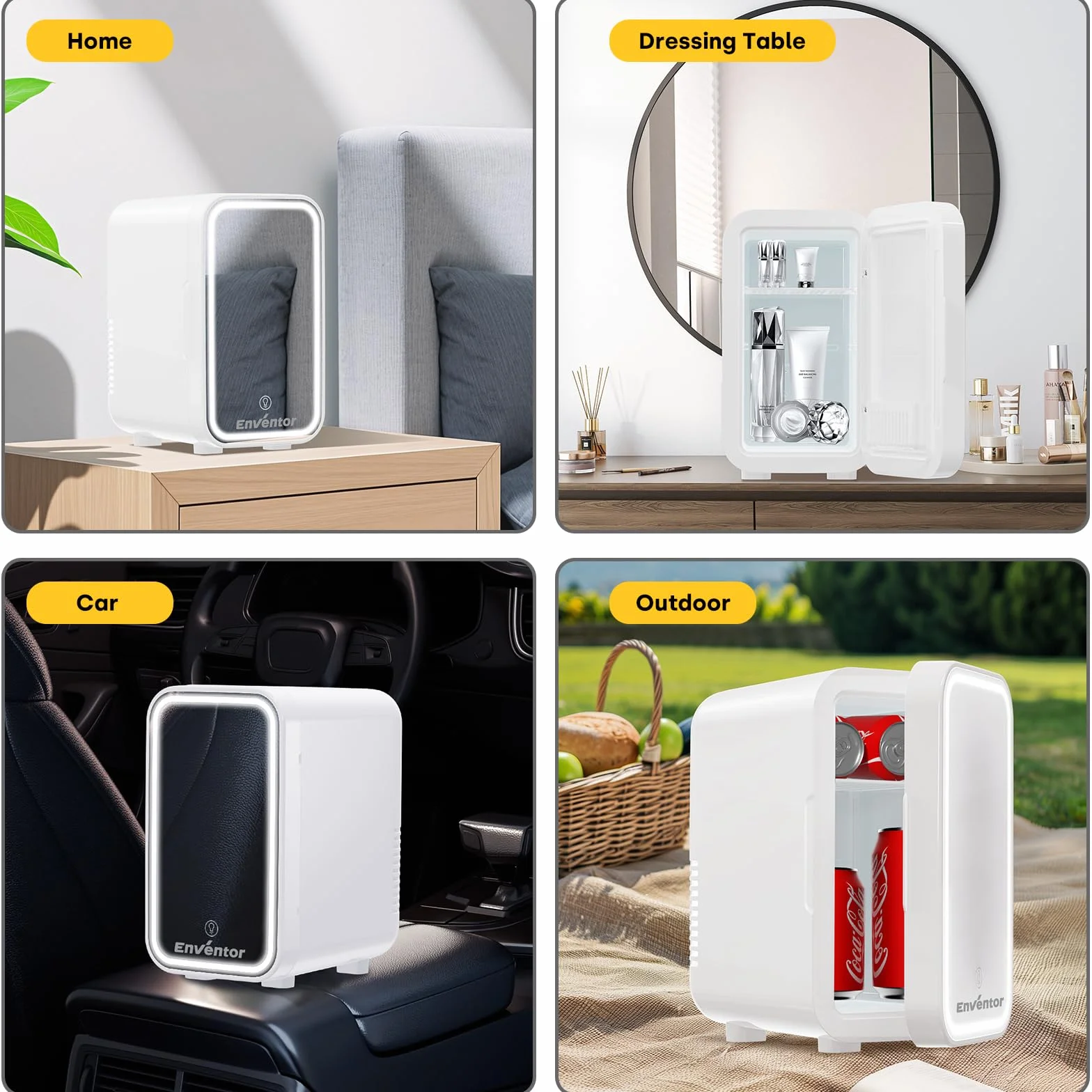 Enventor Mini lodówka 6 l/8 puszek, kosmetyczna lodówka z przyciemnianym lustrem LED, AC + 12 V DC, chłodnica i ogrzewacz do sypialni, domu, do samochodu, pielęgnacji skóry i żywności, biała