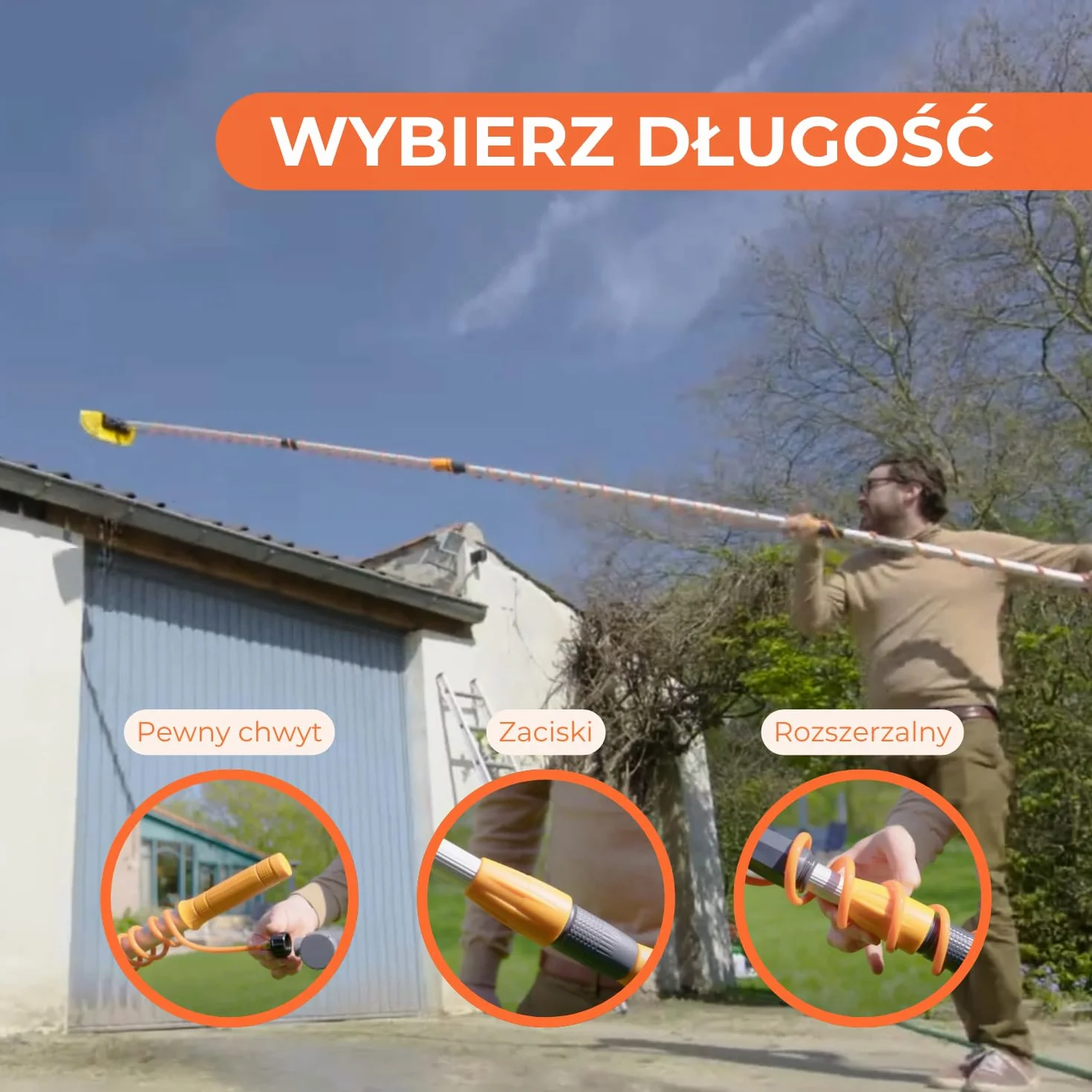 Aquascopic teleskopowy drążek z przepuszczalną wodę szczotką z 5 powierzchniami i zewnętrnym wężem – regulowany czyścik do okien i paneli słonecznych – do 6 m