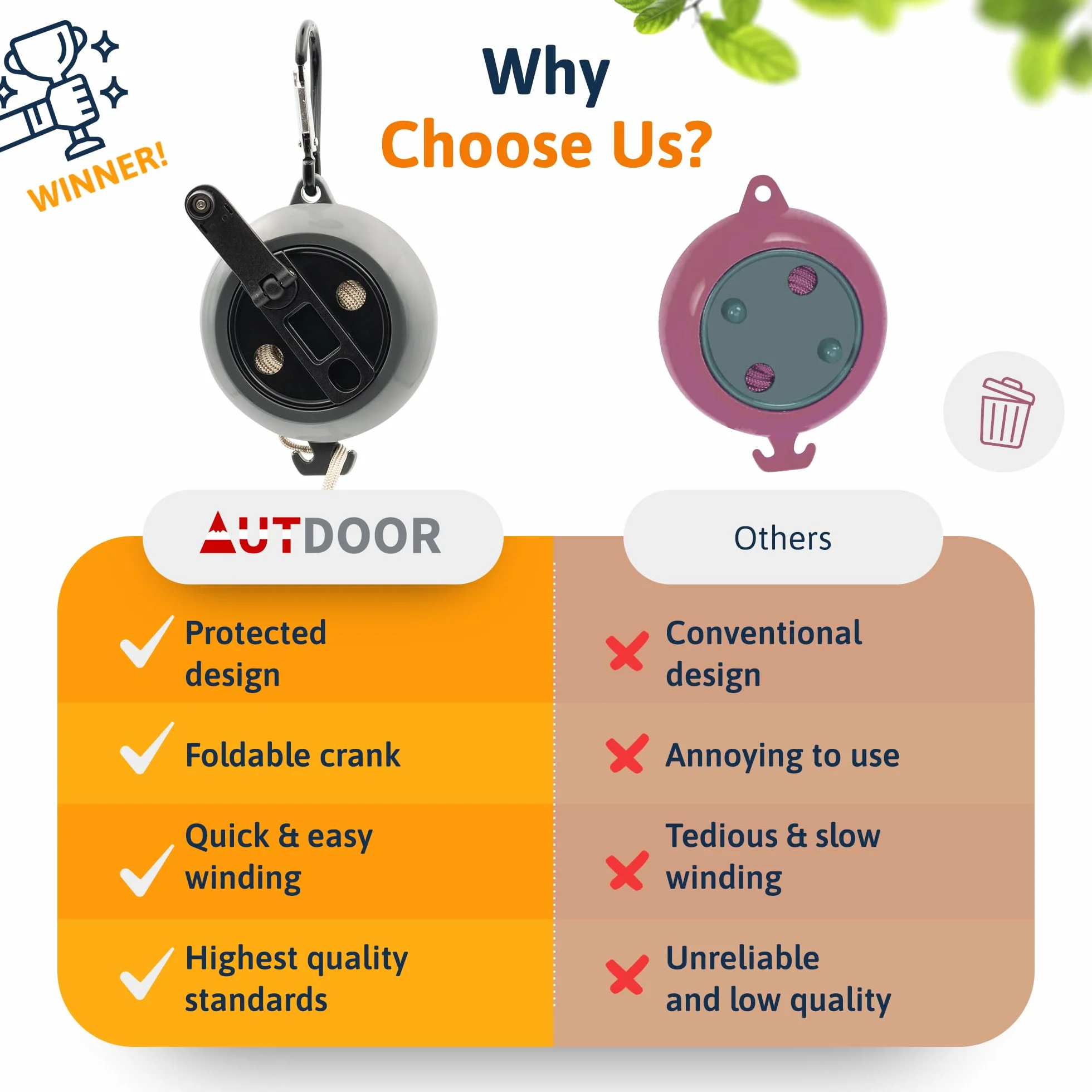 AUTDOOR® Linka na pranie 10 m z korbką – szybkie zwijanie – wytrzymała przenośna suszarka, kemping balkon kamper