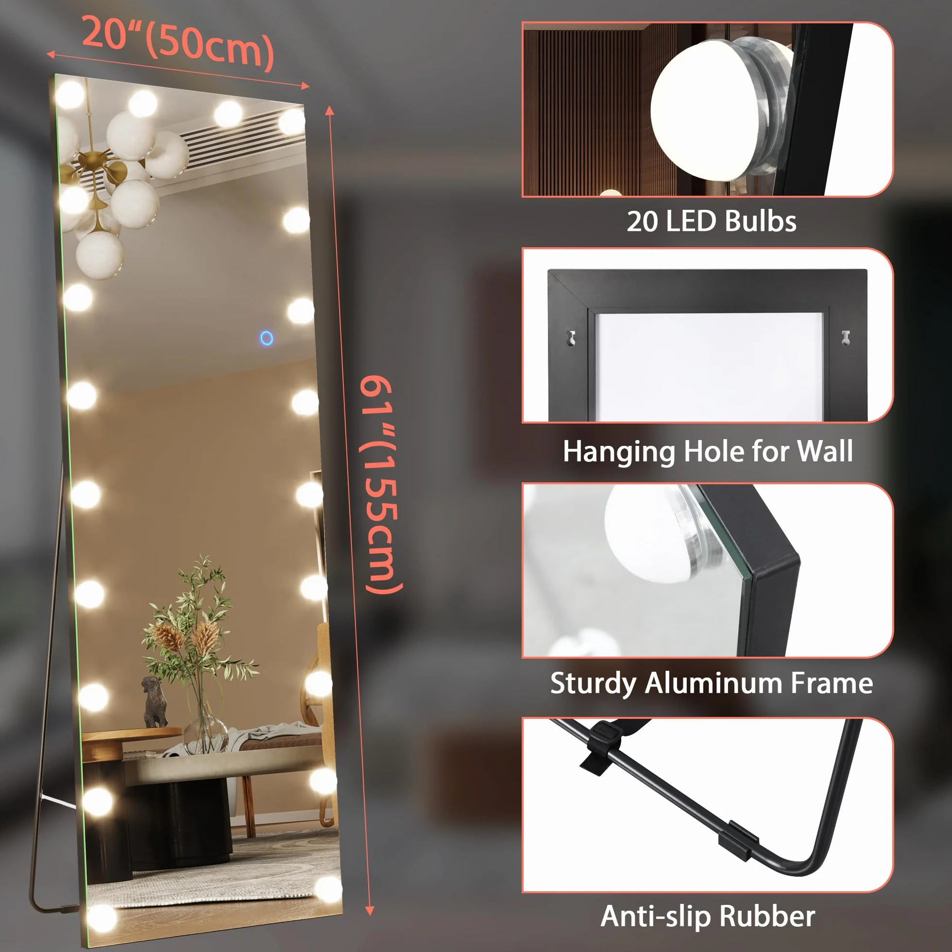 LVSOMT Lustro stojące na całe ciało z diodami LED, 155 x 50 cm, z oświetleniem, czarne