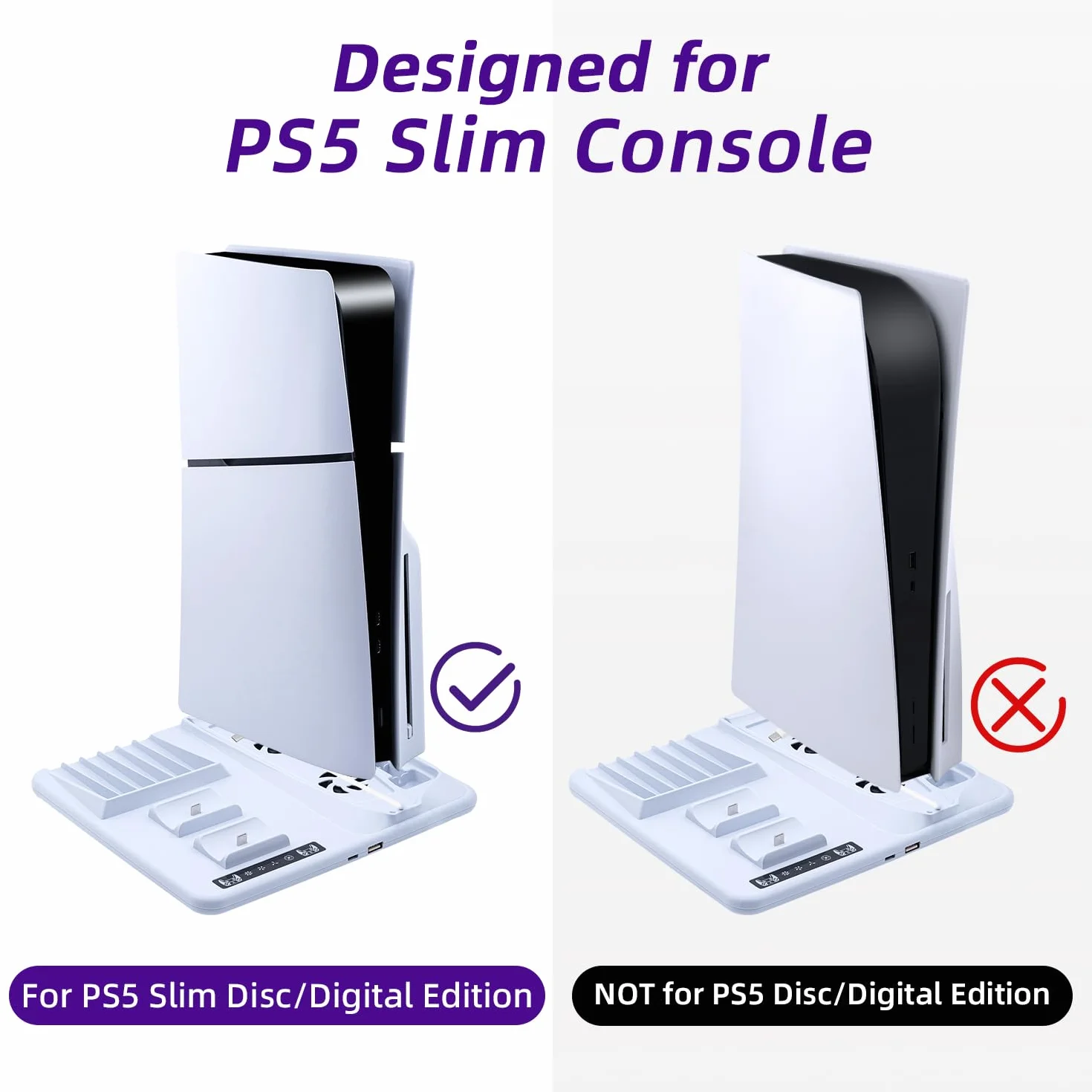 Chłodnica do PS5 Slim - Stojak z 3-Stopniowym Wentylatorem, Ładowarka do Podwójnego Kontrolera, Przechowywanie 6 Gier - Kompatybilny z Disc/Digital Edition