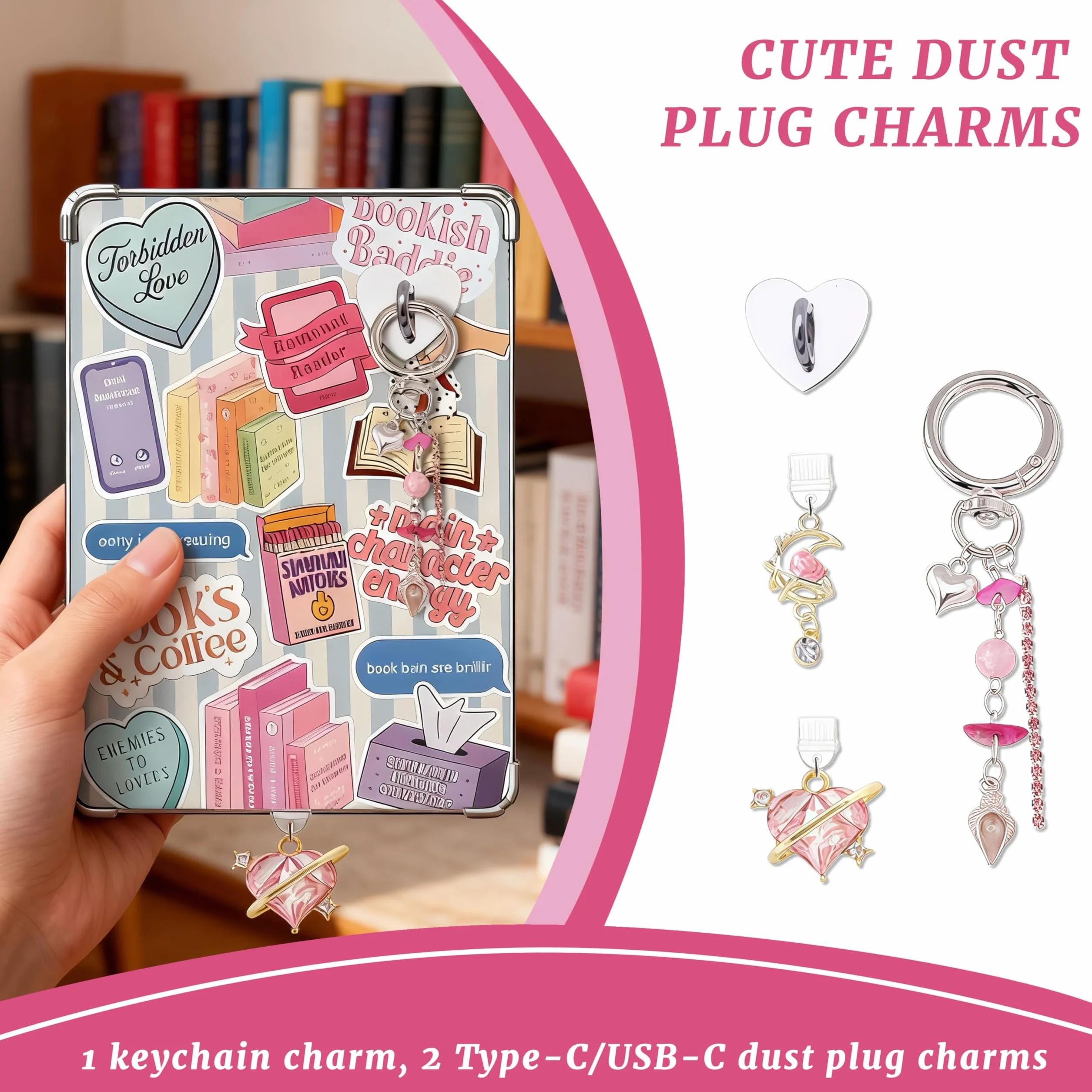 VelvetGlow 6 szt. przezroczystych wkładów do czytnika e-booków, 2 szt. zestaw zawieszek do zatyczek pyłoszczelnych, akcesoria retro charms, wkłady z kartonu do Kindle 11-12, prezent