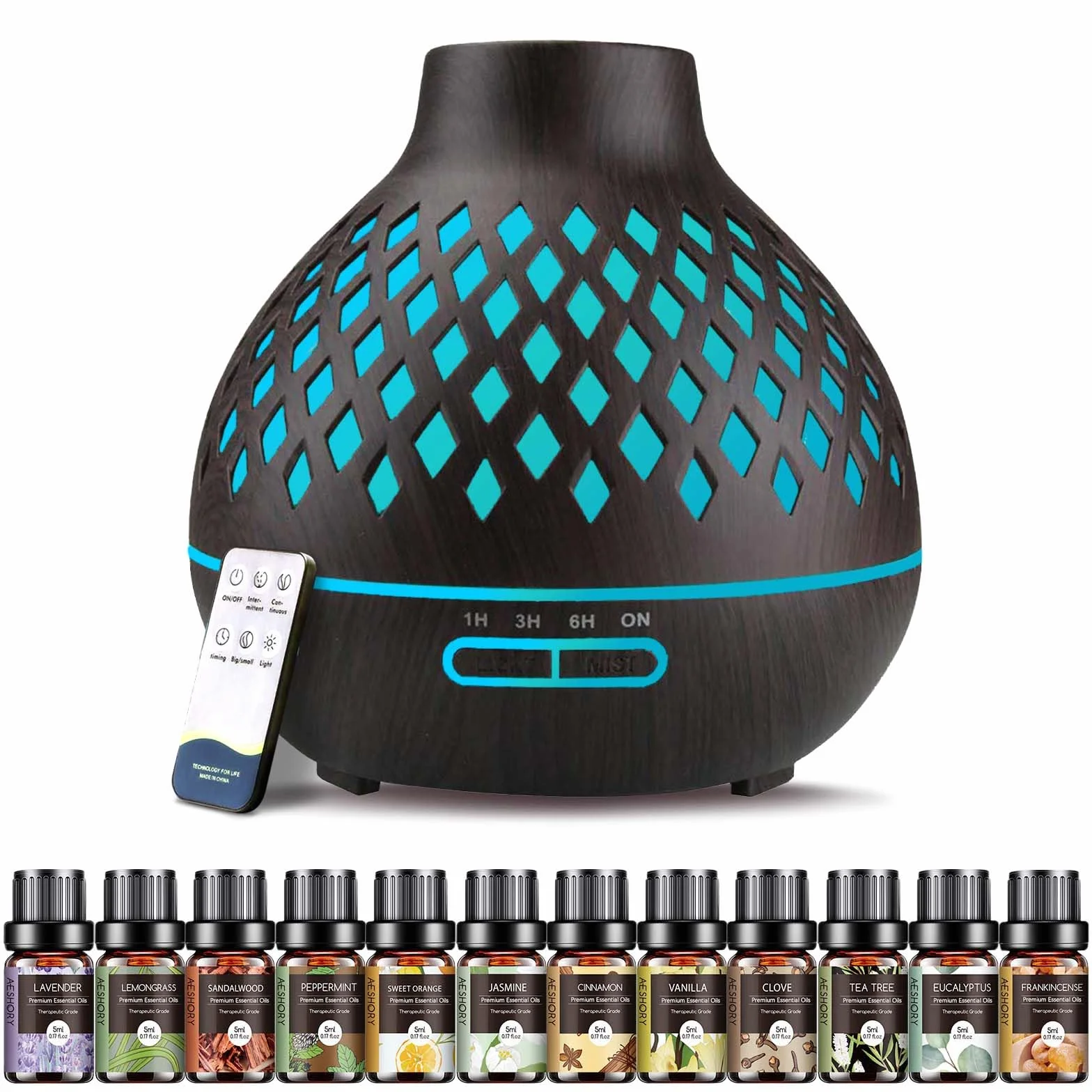 AESHORY Dyfuzor Olejków Eterycznych 550ml, 12x5ml Olejki, Pilot, 7 Kolorów LED, 4 Timery, Czarny