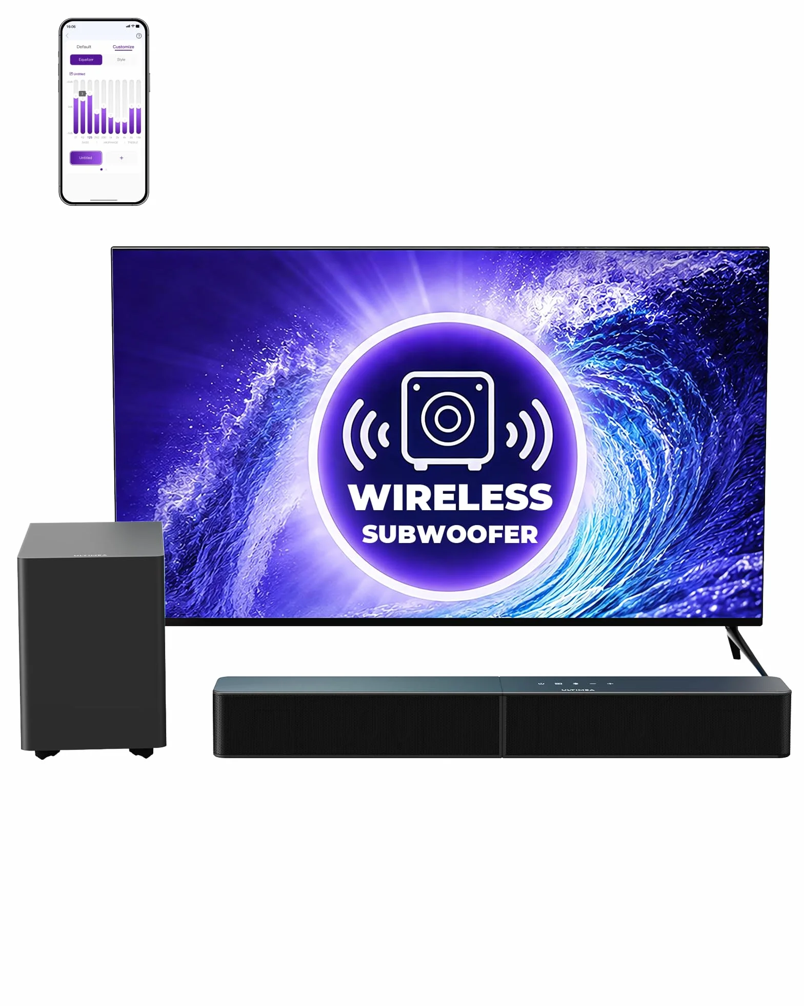 ULTIMEA 2,1ch SoundBar z bezprzewodowym subwooferem, VoiceMX i BassMX, sterowanie przez aplikację, listwa dźwiękowa 240 W, maksymalna moc, regulowane basy, HDMI, optyczne, Bluetooth 6.0, Poseidon M30