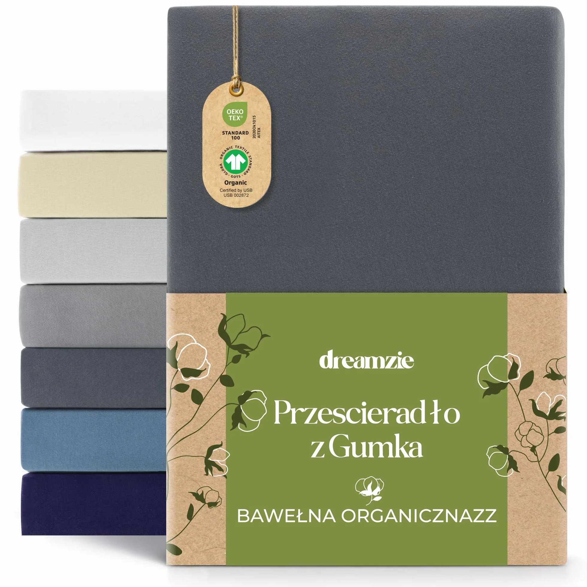 Prześcieradło Dreamzie 180x200 cm - 200x200 cm, 100% bawełna organiczna Jersey, wysokość materaca do 32 cm, hipoalergiczne, Oeko-Tex, ciemnoszary