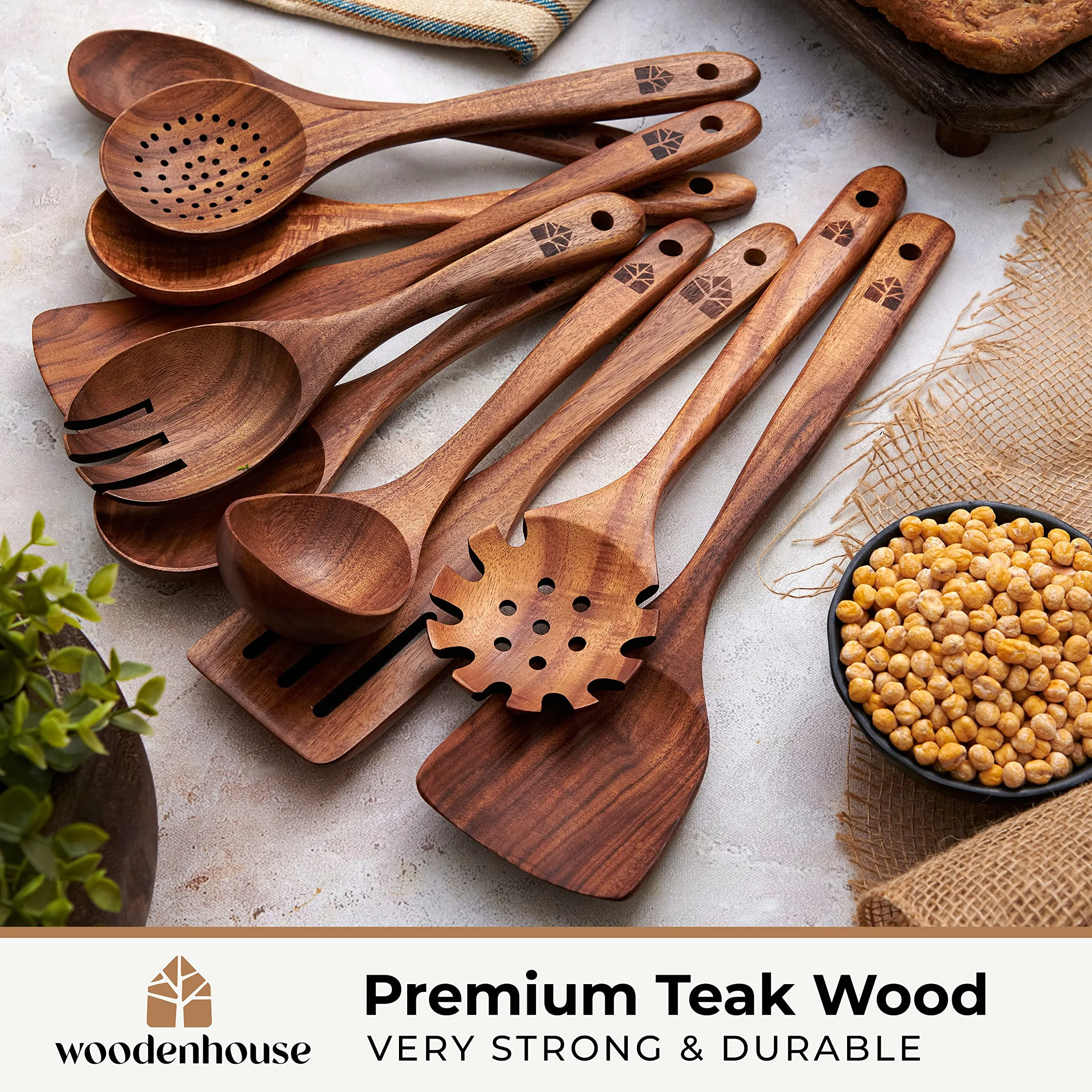 Woodenhouse Drewniane Łyżki do Gotowania z Drewna Tekowego - 10 Sztuk, Łopatka do Patelni - Naturalne, Idealne do Nieprzywierania