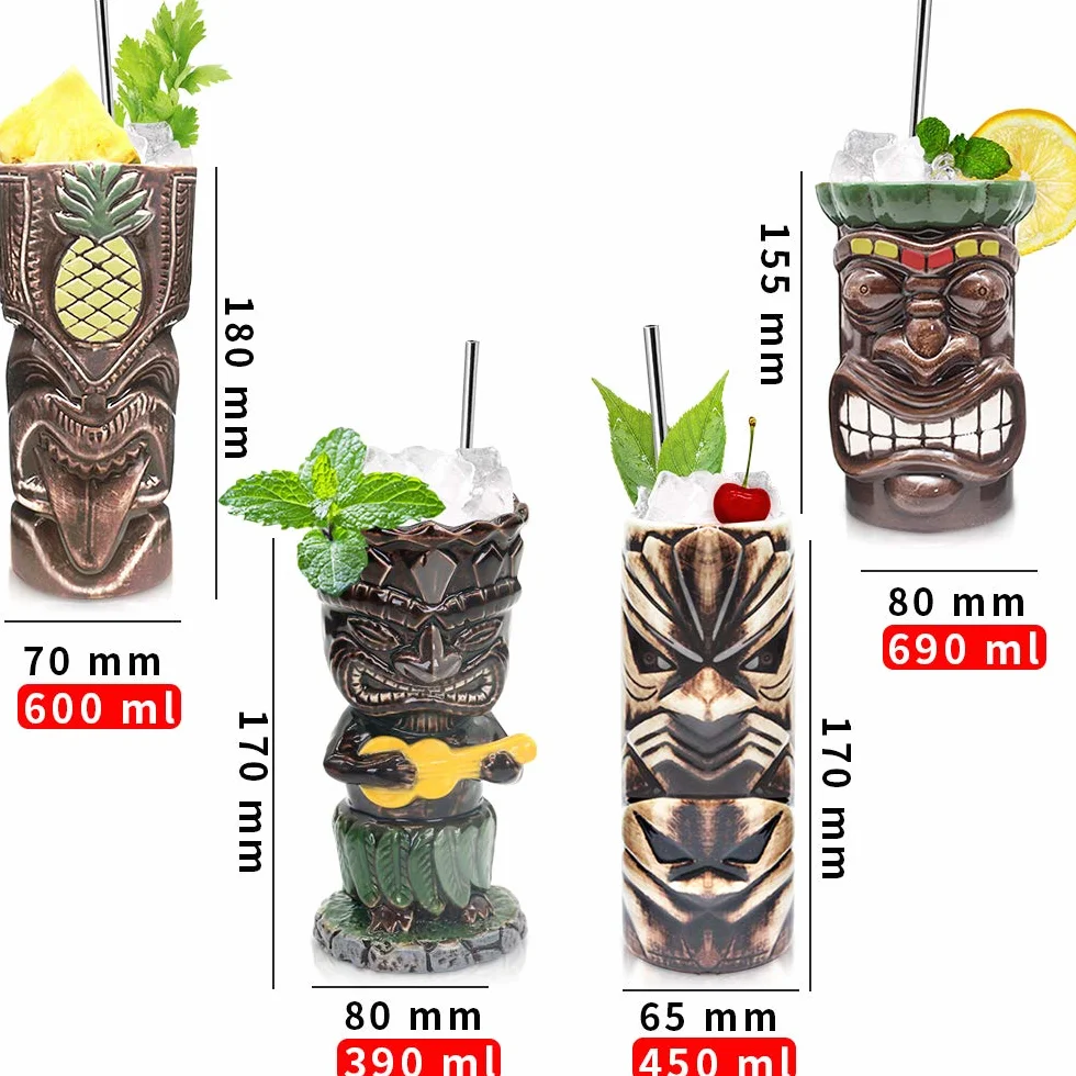 SuproBarware Tiki TJB02 TJB02 zestaw 4 ceramicznych kubków na imprezę hawajską, duże naczynia do picia, na koktajle, tropikalne kubki, napoje na egzotyczne przyjęcie, 4 szt