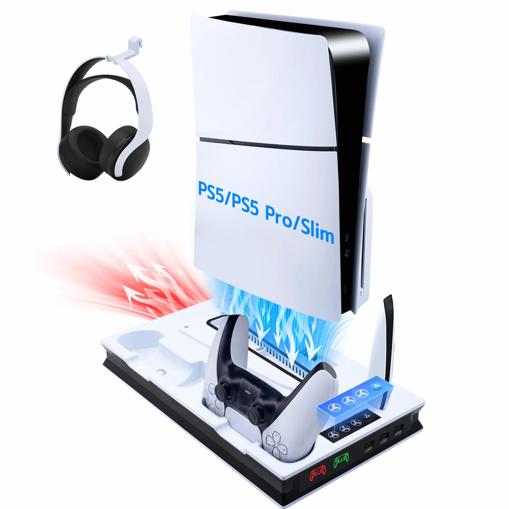 Mcbazel PS5/PS5 Slim/Pro stojak i stacja chłodząca z podwójnym kontrolerem i ladarką do PlayStation 5 Disc/Digital, chłodzący stojak z trzema poziomami wentylatora