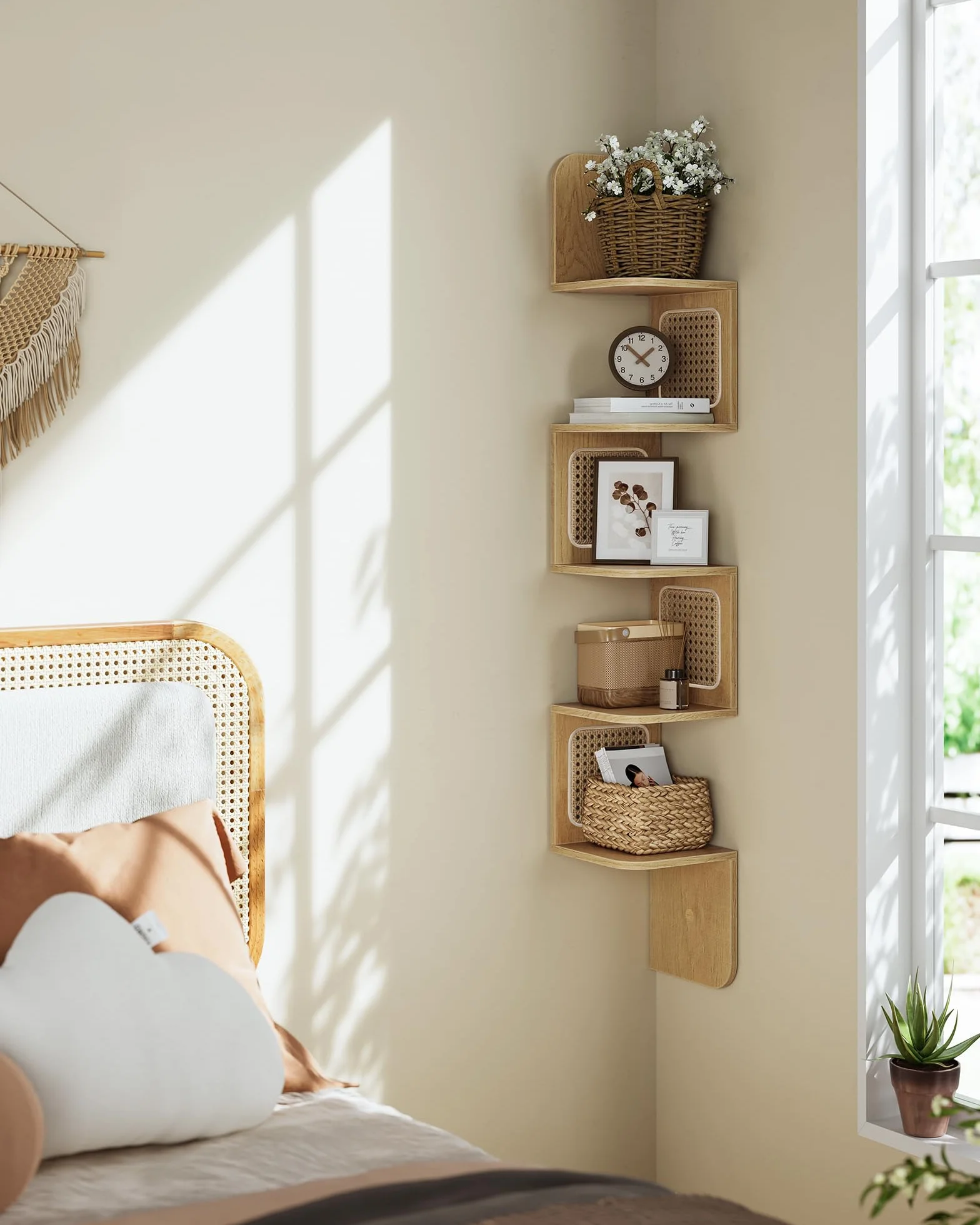 VASAGLE Półka narożna 5-poziomowa pływająca ścienna Kształt zygzaka Rattan PVC Boho Dąb Beżowy