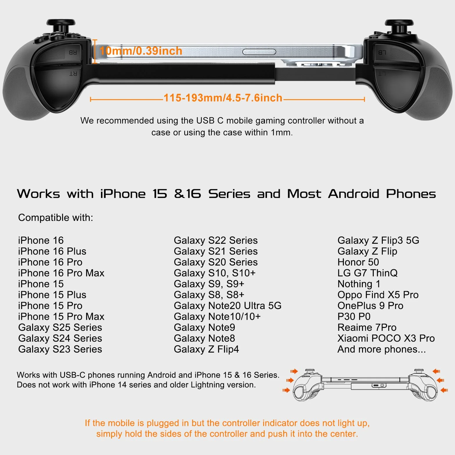 Joso Kontroler telefonu iPhone 15/16 i Android (USB-C), pilot do gier do konsoli PS5/PS4/Xbox, Joysticki Halla Effect, 2 przyciski do mapowania, gniazdo audio 3,5 mm