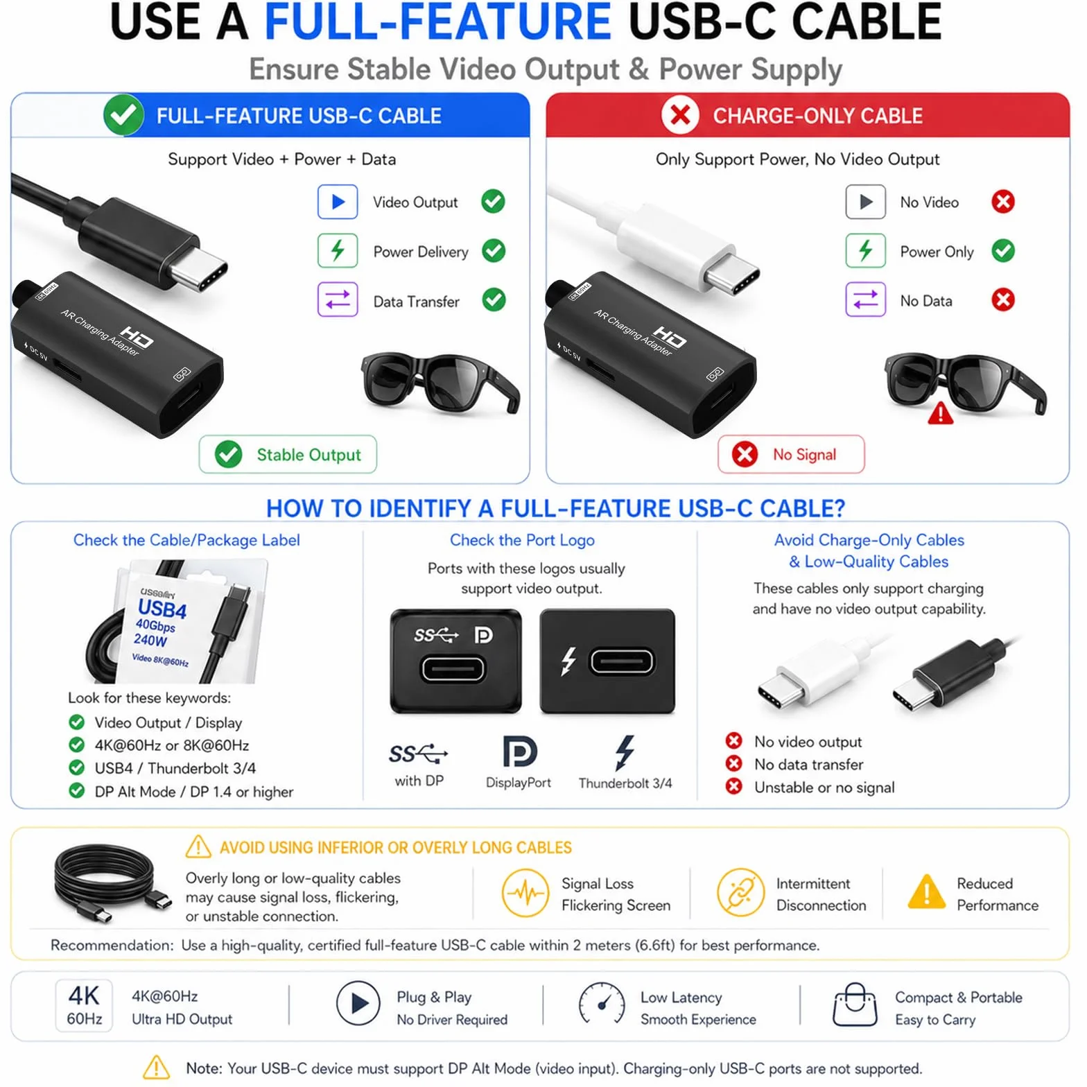 Guermok adapter HDMI–USB-C do okularów AR, 4K@60Hz, ładowanie DC 5V – do XREAL One/Air 2 Pro, RayNeo, Rokid, Steam, Switch2/1, PS 5/4, monitorów przenośnych (czarny)
