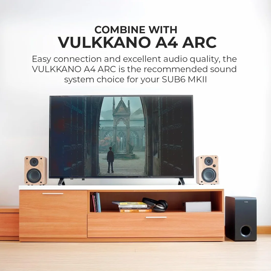 VULKKANO SUB6 MKII 6-calowy kompaktowy subwoofer aktywny z głębokim basem i eleganckim wyglądem do kina domowego, muzyki i gier wideo, częstotliwości 50Hz do 200Hz
