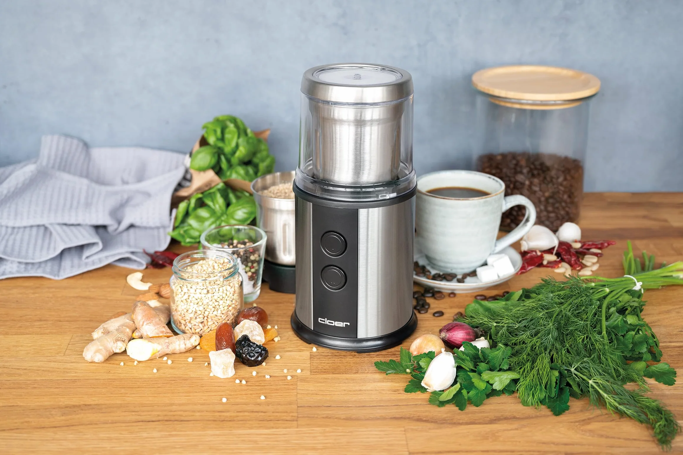 Cloer 7419 Elektryczny młynek do kawy i przypraw z nożem udarowym ze stali nierdzewnej, 350W, 2 wyjmowane pojemniki ze stali nierdzewnej, do pesto, ziół, orzechów i zbóż, do 80 g ziaren kawy
