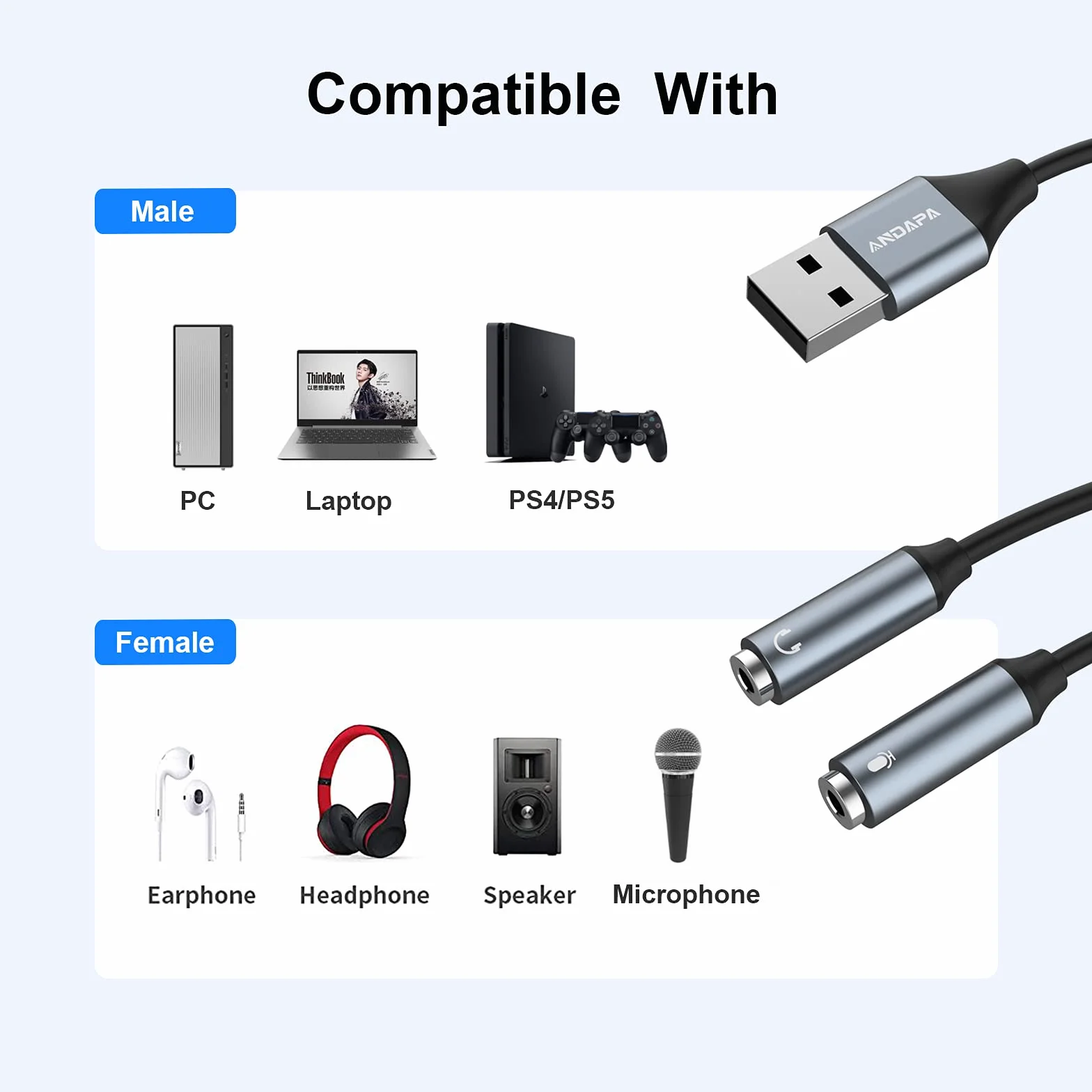ANDAPA Adapter zestawu słuchawkowego USB, adapter audio USB, stereo, zewnętrzna karta dźwiękowa z gniazdem słuchawkowym 3,5 mm i mikrofonem do systemu Windows, Mac, Linux, laptopów, komputerów