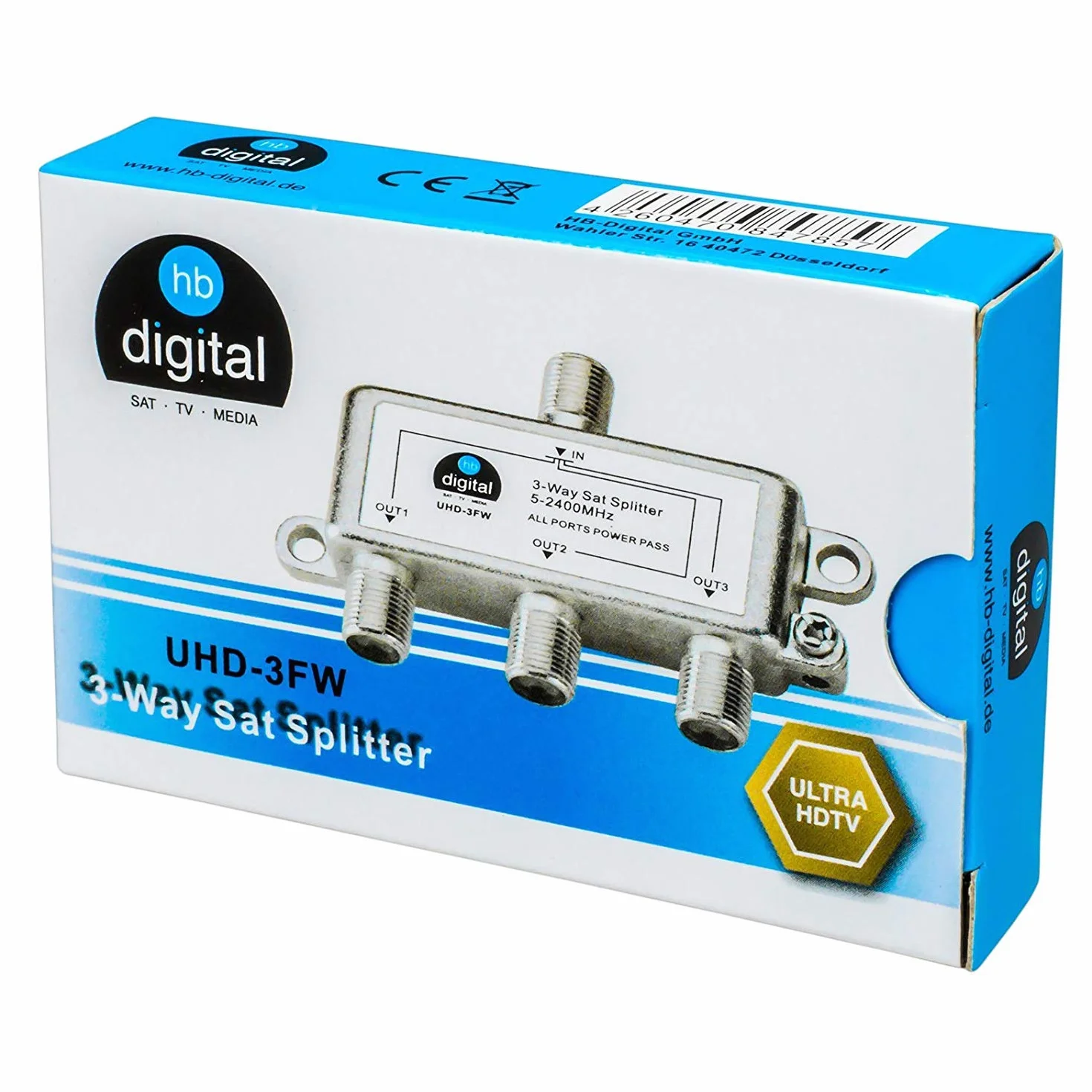 HB-DIGITAL SAT - BK - UKW - Rozdzielacz 3-drożny Splitter (3-stopniowy) 5-2400 MHz | przydatny zarówno dla urządzeń cyfrowych jak i analogowych | w pełni ekranowany | SAT DVB-S DVB-S2 telewizja