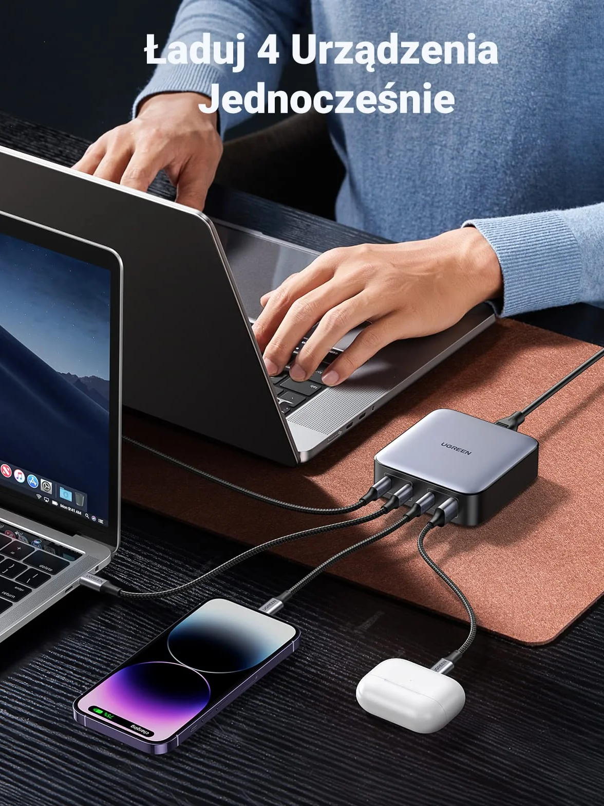 UGREEN Nexode 100 W, szybka ładowarka USB C, 4 porty biurkowe z GaN II Tech, kompatybilna z iPhone 16 Plus Pro Max 15, 14, 13, 12, MacBook Pro, Air, iPad, Galaxy S24 Ultra Plus, 2M Kabel zasilający w