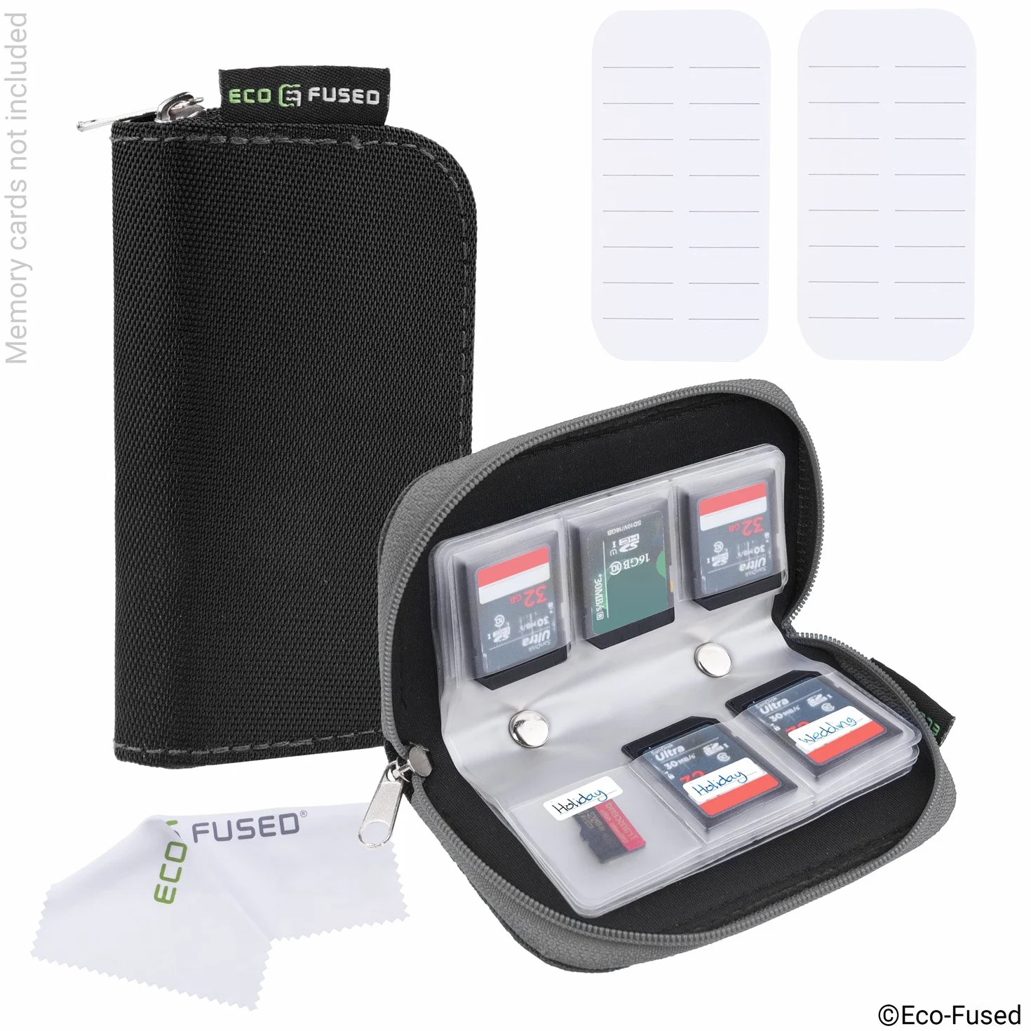 Eco-Fused Etui do przenoszenia kart pamięci - nadaje się do kart SDHC i SD - 8 stron i 22 przegródki - ściereczka do czyszczenia z mikrofibry w zestawie - 2 opakowania - 44 gniazda, szary i czarny