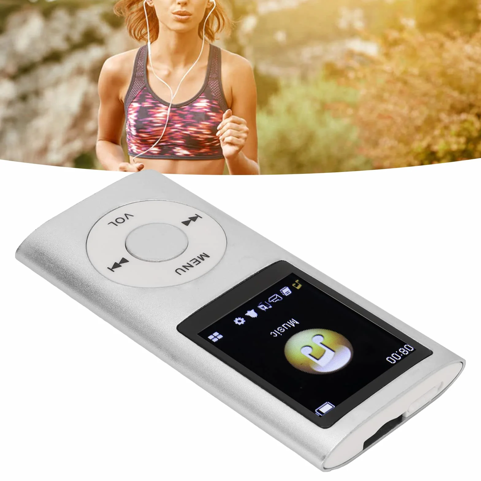 Odtwarzacz MP3/MP4, Przenośny Odtwarzacz Muzyki ze Słuchawkami, Ekran HD 1.8 Cala, Obsługa Karty Pamięci do 64 GB, Czas Odtwarzania 8H, Super Lekka Metalowa Obudowa(Srebro)