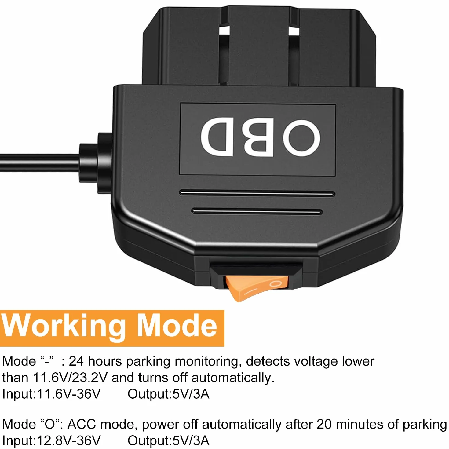 OBD kabel zasilający do kamery samochodowej, zestaw OBD2 do Typ C z przyciskiem włącznika, 12-36V do 5V/3A, 24-godzinna monitorowanie/tryb ACC, Nadaje się do kamery samochodowej, GPS lub