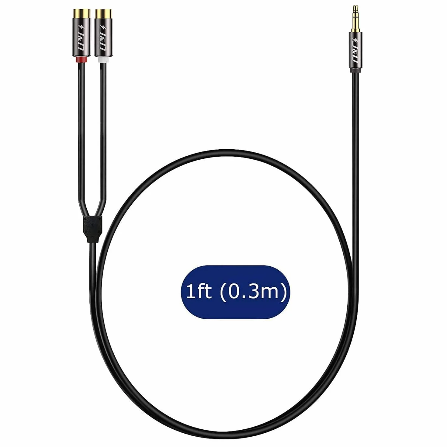 J&D Kabel 3,5 mm Do 2 RCA - Pozłacana Miedziana Powłoka, Wytrzymały Adapter Stereo Audio Przedłużający, 0.3 m