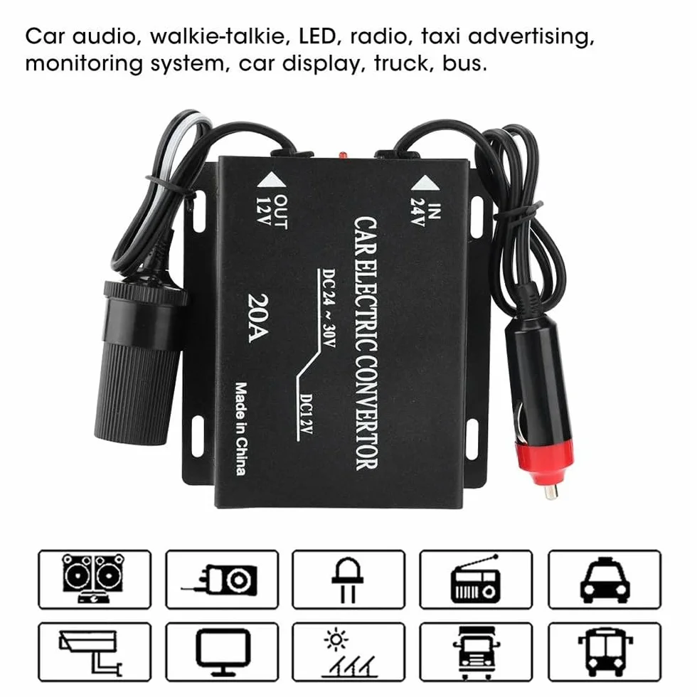 DollaTek Konwerter 24 V na 12 V samochodowy konwerter zasilania z wtyczk? do gniazda zapalniczki samochodowej do systemu monitorowania radiowego LED w samochodzie -20A