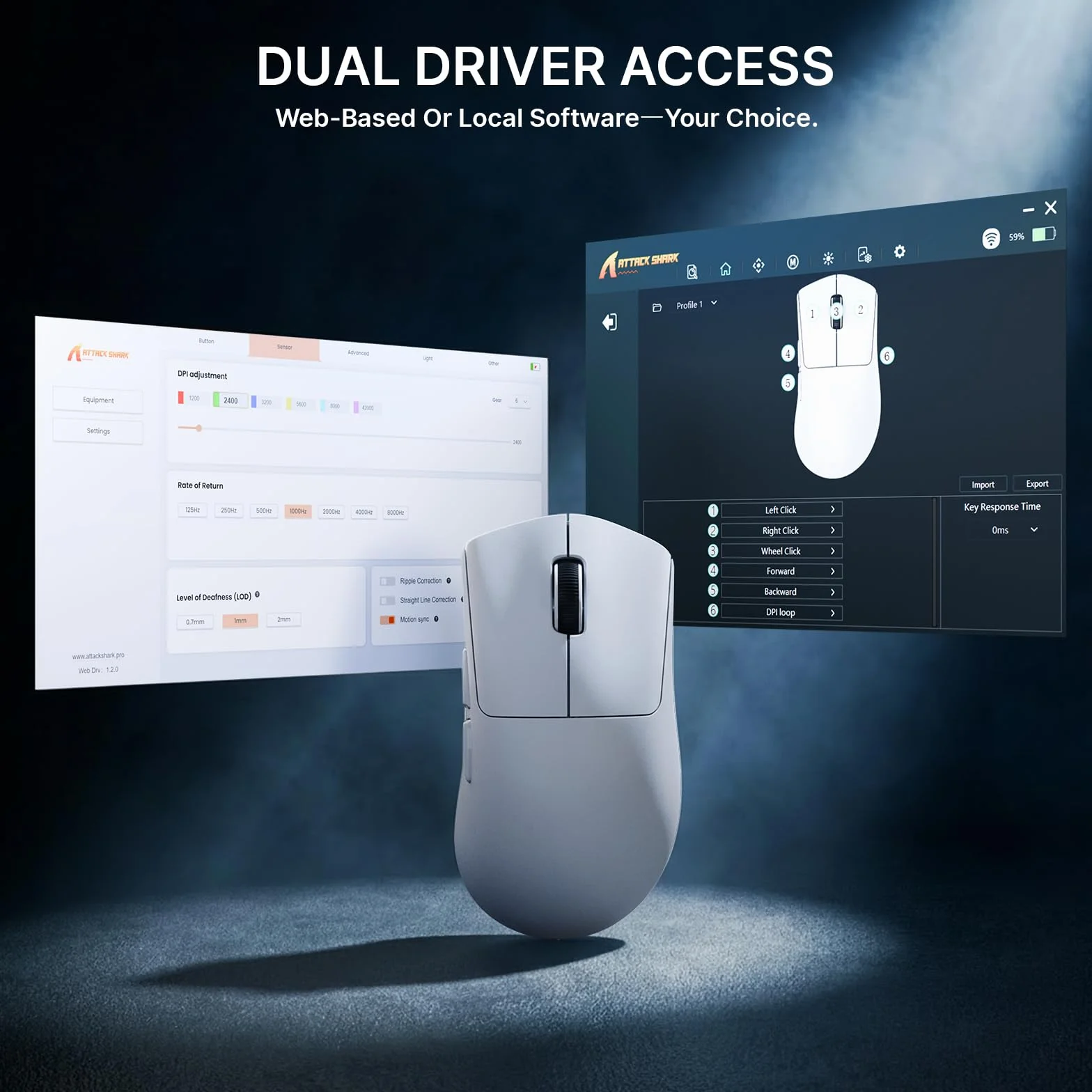 ATTACK SHARK V8 Bezprzewodowa Mysz Gamingowa 8000Hz, Chip Nordic 54L15, Sensor PAW3950MAX, 59g Ultralekka, 42000 DPI, 20 000 FPS, Ergonomiczna, BT / 2,4GHz / Przewodowa, Powłoka Ice, PC/Win, Biały