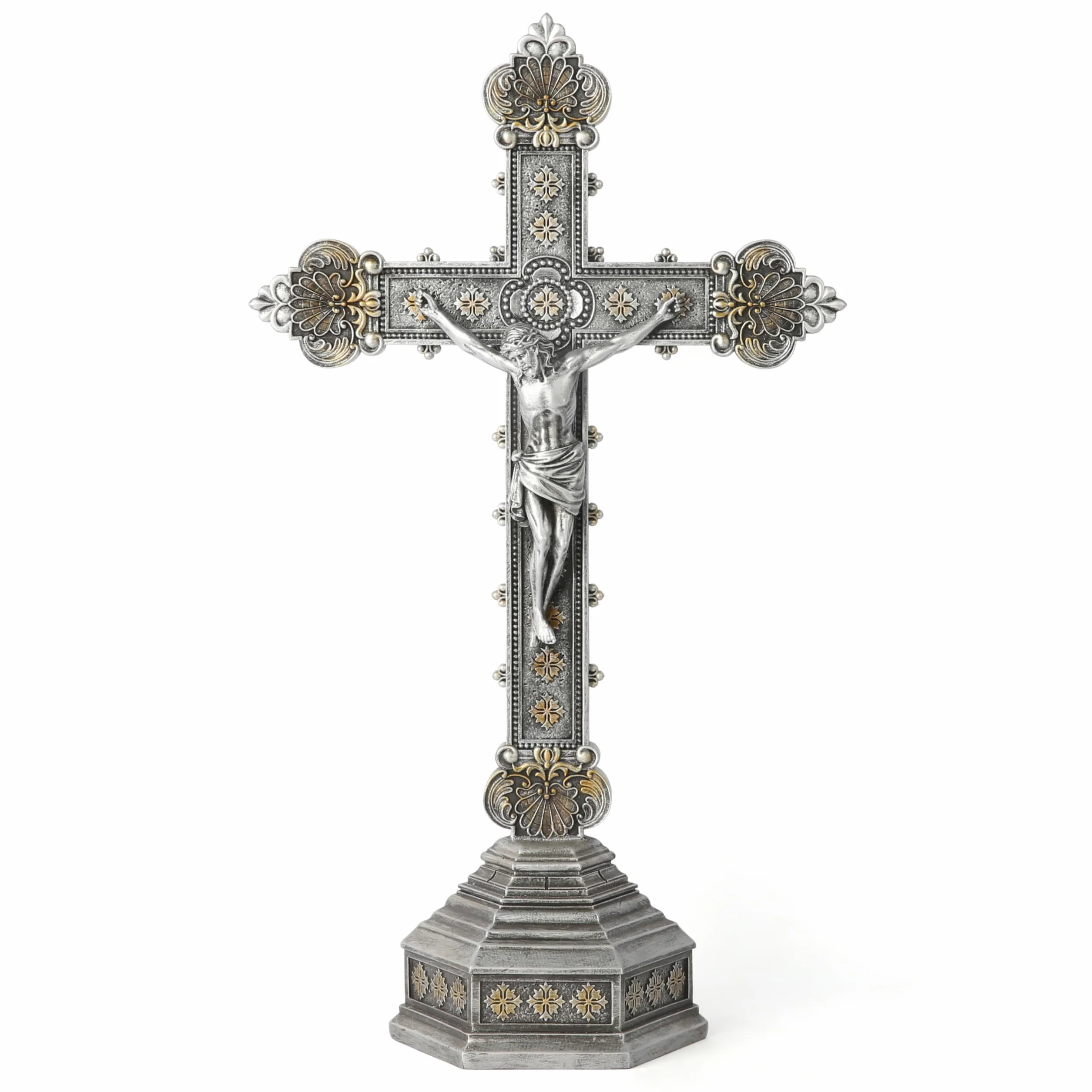 Buildclassic Katolicki krzyż stojący srebrny krucyfiks 37 cm ręcznie wykonana rzeźba renesansowa