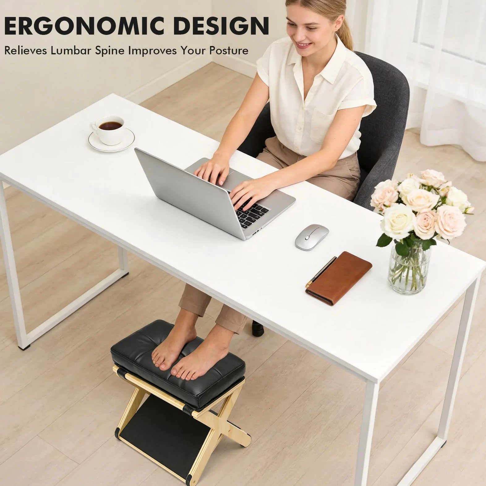 Podnóżek 2 w 1, podnóżek z regulacją wysokości, ergonomiczny podnóżek z drewna z miękkim, antypoślizgowym podnóżkiem do biura, samochodu, podnóżek, krzesło do Vanity