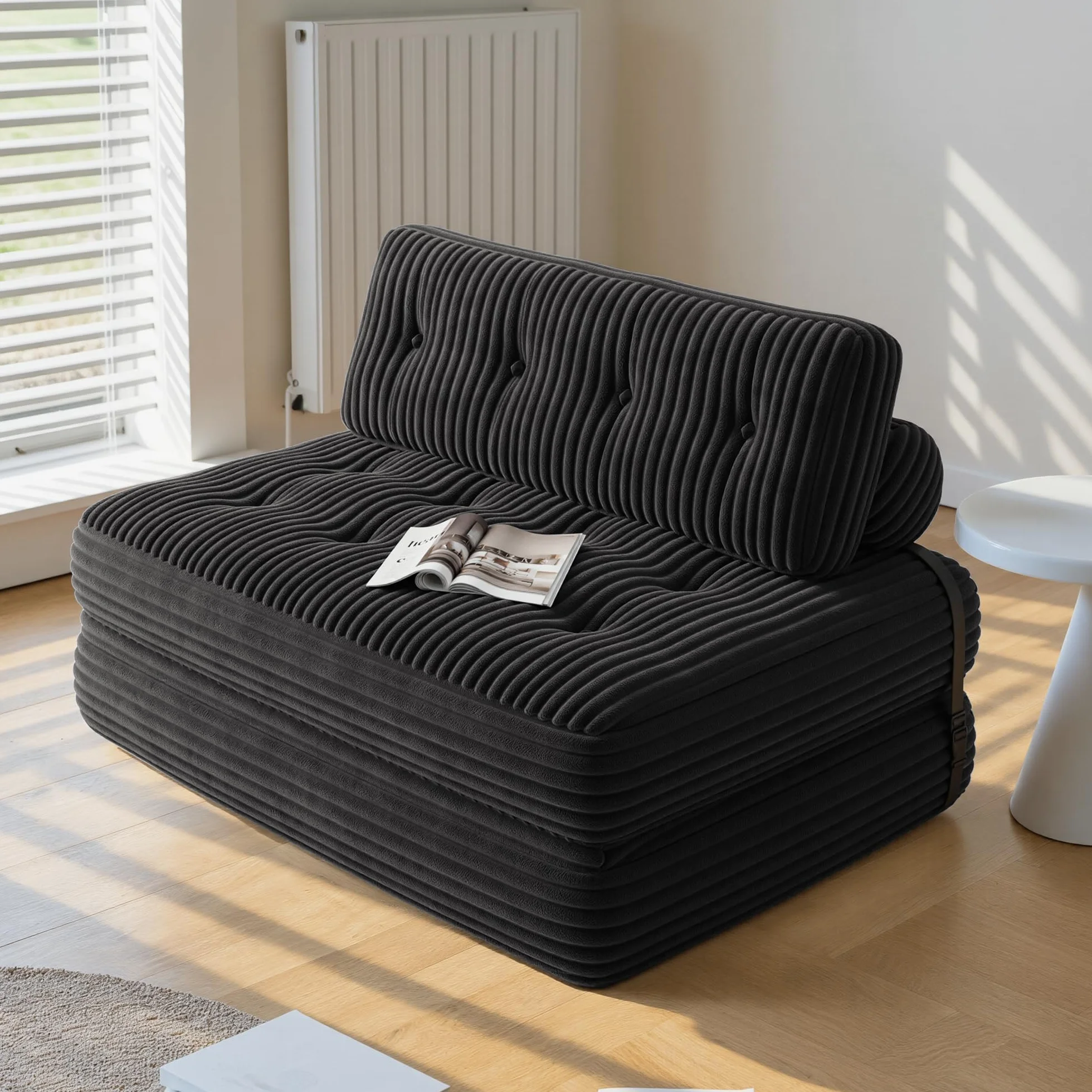 Xbro Składana sofa z funkcją spania 2 w 1, regulowane oparcie, materiał sztruksowy z pianki, 180 x 85 cm, zajmuje mało miejsca, czarna