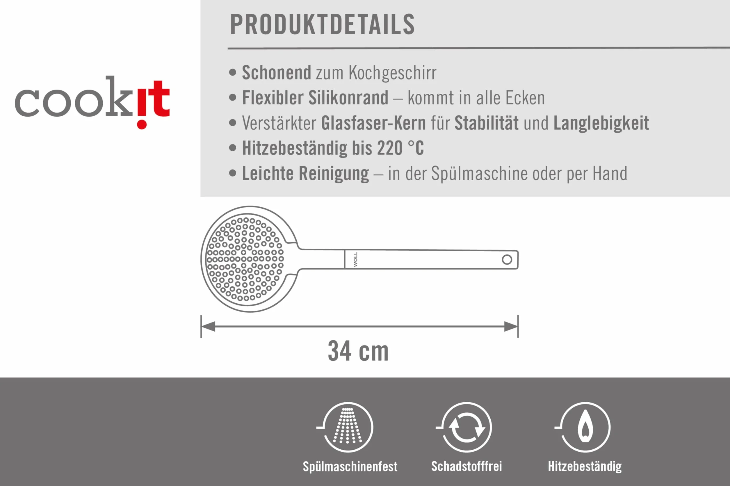 Łyżka cedzakowa z silikonowym uchwytem Easy, 11 cm szerokości, 32 cm długości