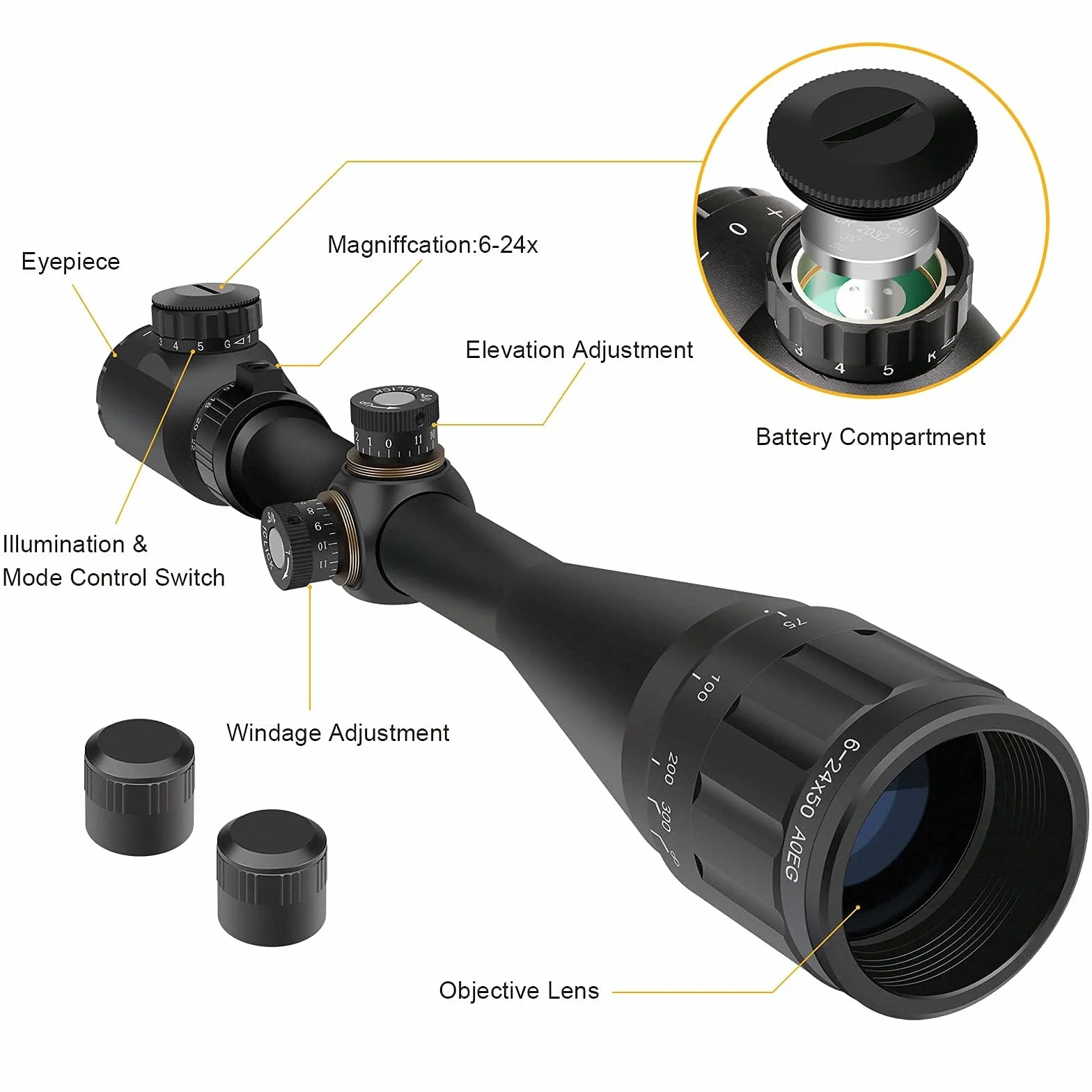 Feyachi RFS-21 Luneta celownicza, 6-24x50mm Podświetlana na czerwono i zielono luneta celownicza z celownikiem dalmierzowym Wodoodporna, przeciwmgielna luneta myśliwska