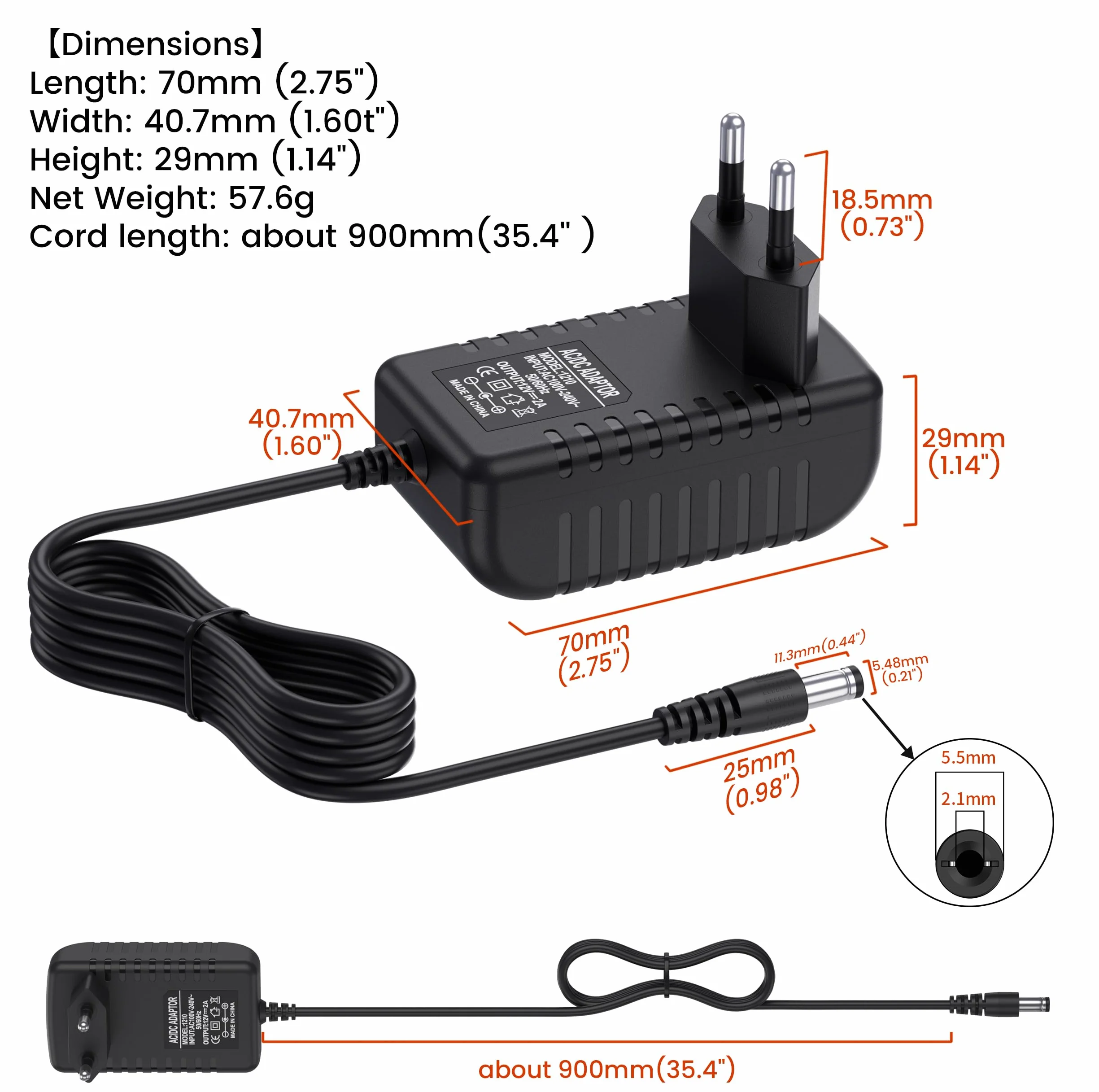 Uniwersalny zasilacz 12 V, 2 A, 24 W, do głośników, taśm LED, routerów, kamer CCTV i urządzeń elektronicznych, zasilacz 12 V, 2 A, wysokiej jakości transformator AC DC (12/2A)