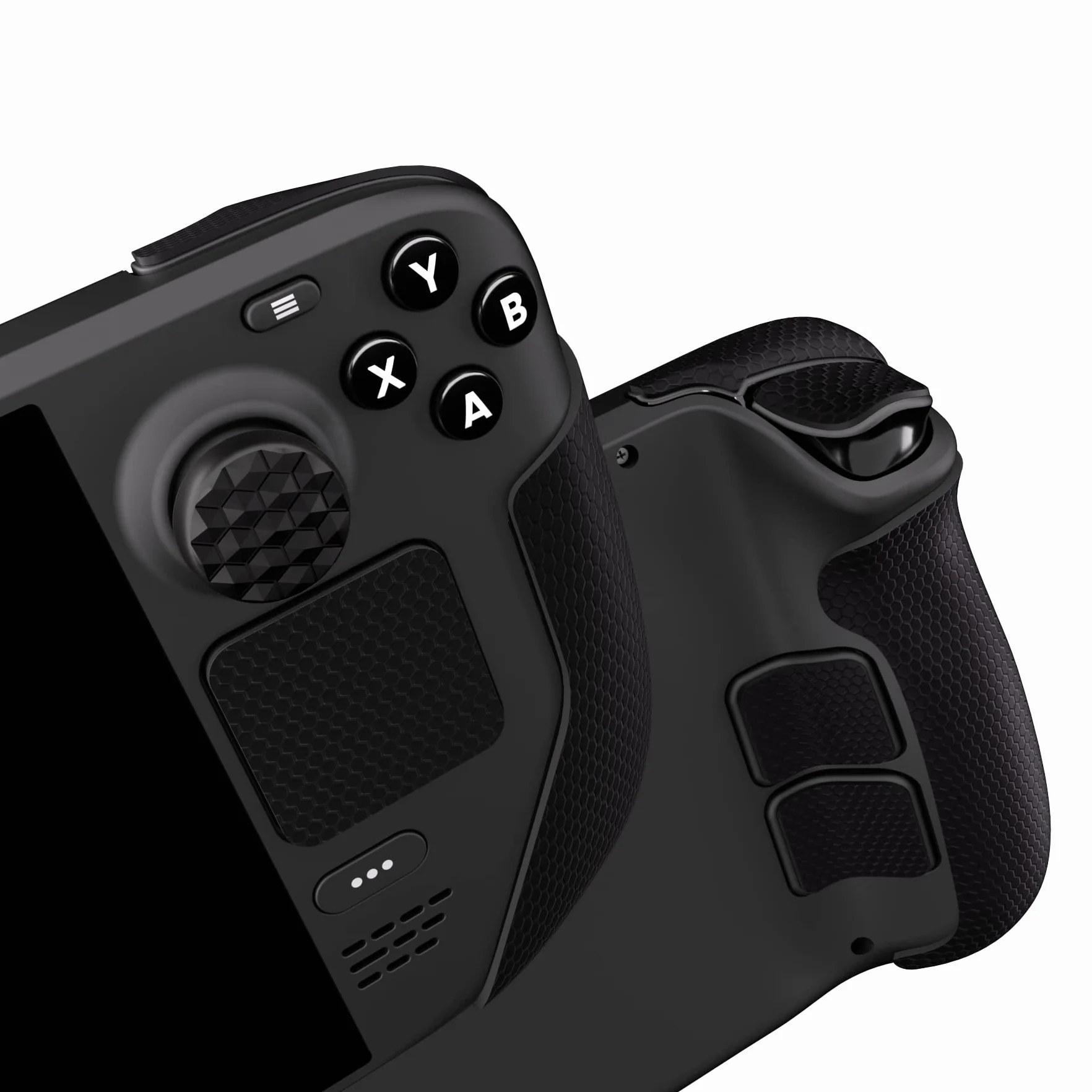 PlayVital Miękkie Gumowe Podkładki Pod Rękojeści do Steam Deck LCD,Naklejki Ochronne na Gładziki Skin Grip Enhancement Back Button do Steam Deck OLED z Nakładkami na Kciuki-Czarny(Honeycomb Textured)