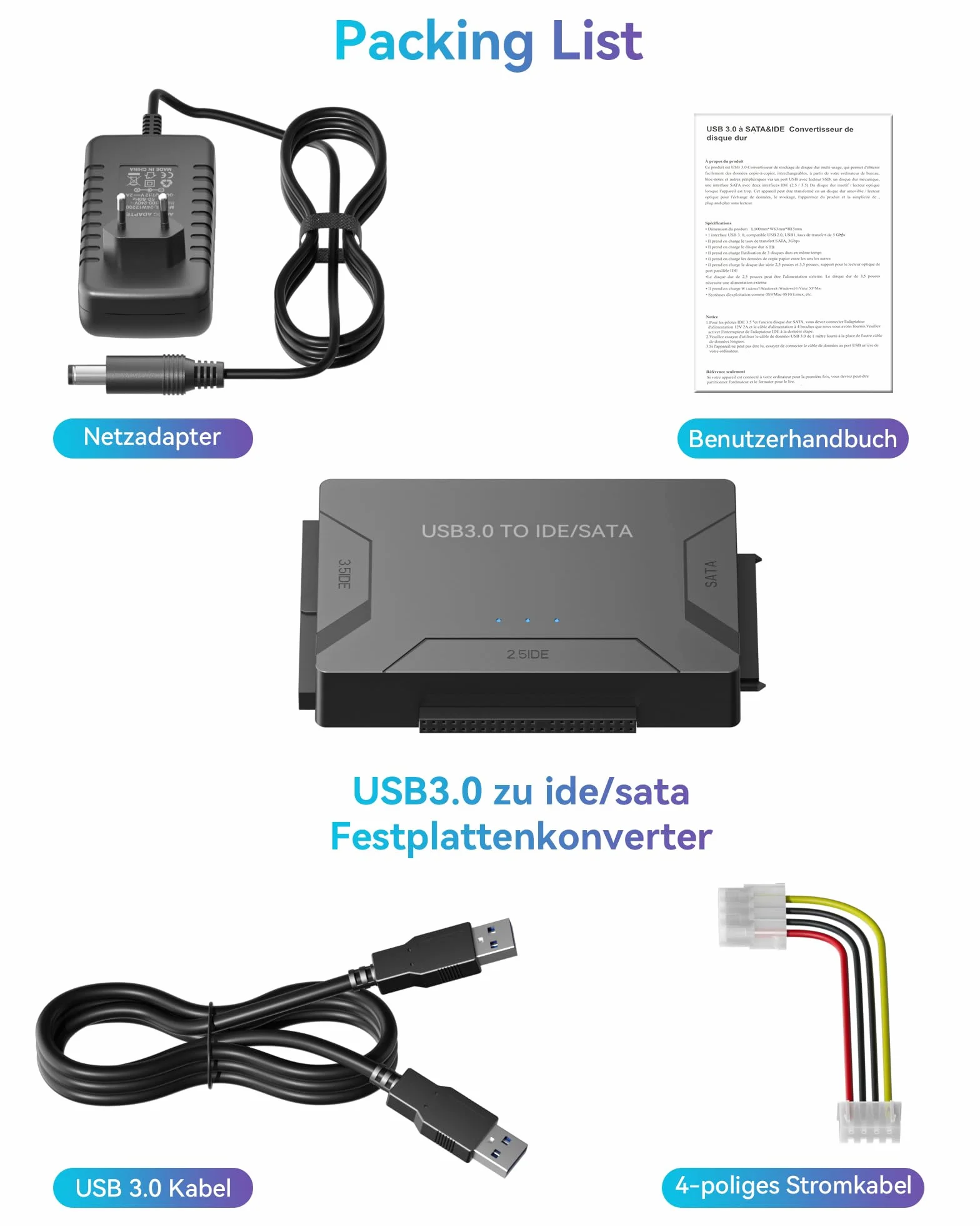 IDE USB 3.0 Adapter, USB 3.0 do SATA Adapter Uniwersalny konwerter dysków twardych do 2,5 i 3,5 cali SATA & IDE HDD/SSD z zasilaczem 12V 2A Kabel USB do systemu Windows 10/8/7/XP/Vista Mac OS Linux