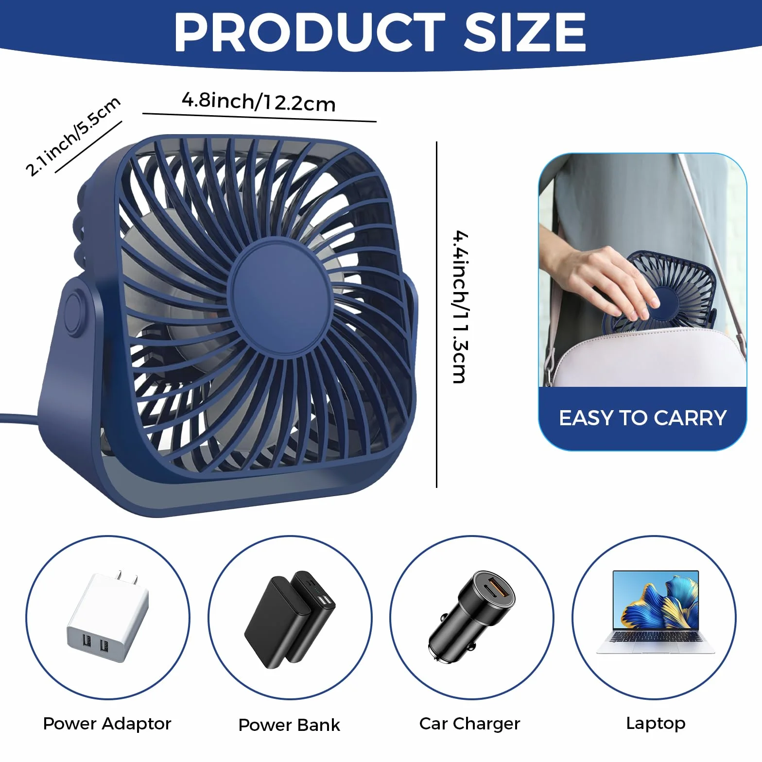 Jsdoin Wentylator USB, wentylator biurkowy, mały wentylator biurkowy, mini wentylator osobisty, 3 prędkości, wentylator biurkowy, regulacja obrotu o 360°, silny wiatr, mały, mocny wentylator do biura,