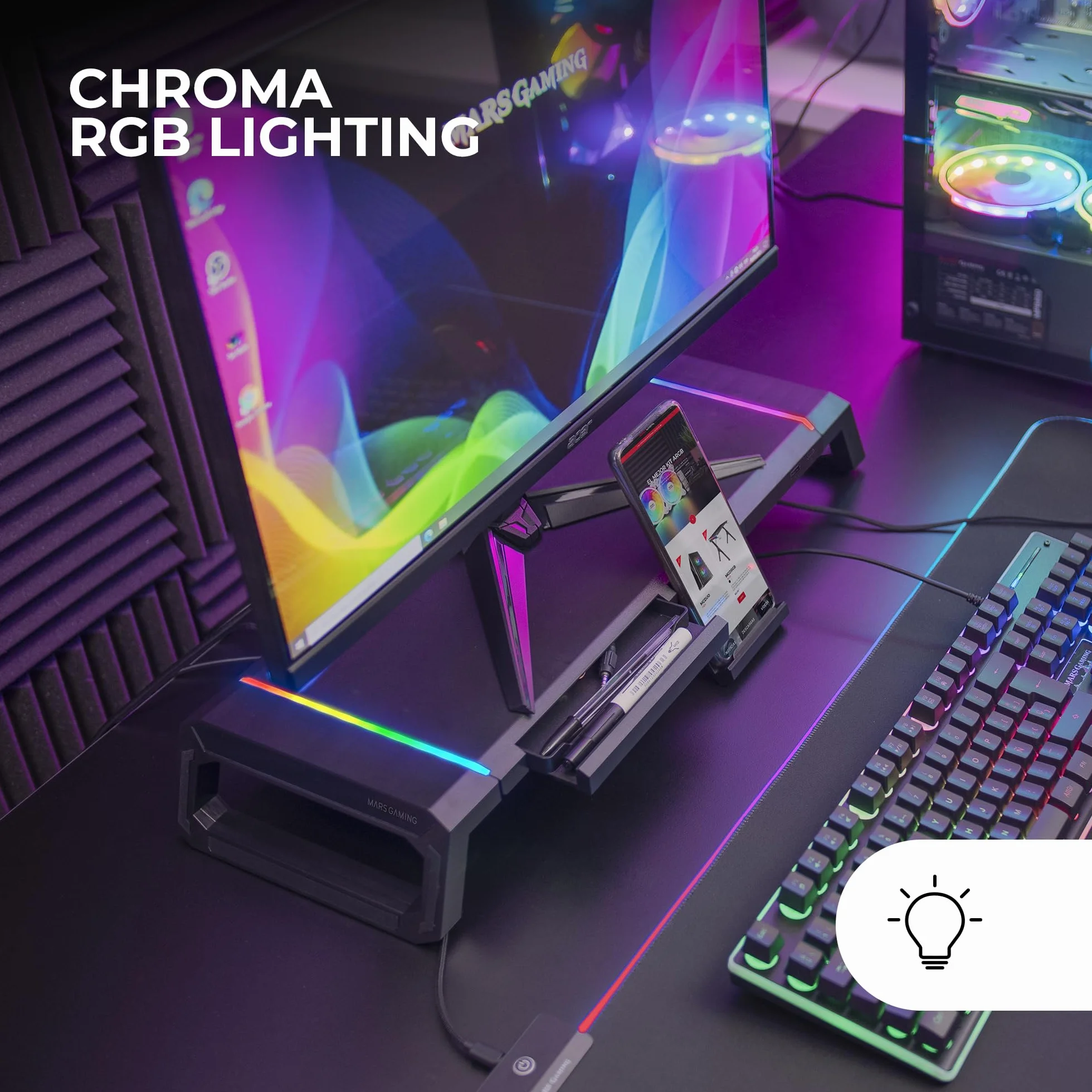 Mars Gaming MGS-ONE Czarny, Podstawka Monitor Chroma RGB, Regulowany Rozmiar, Podstawka Smartfon i Tablet, Przednie USB 2.0