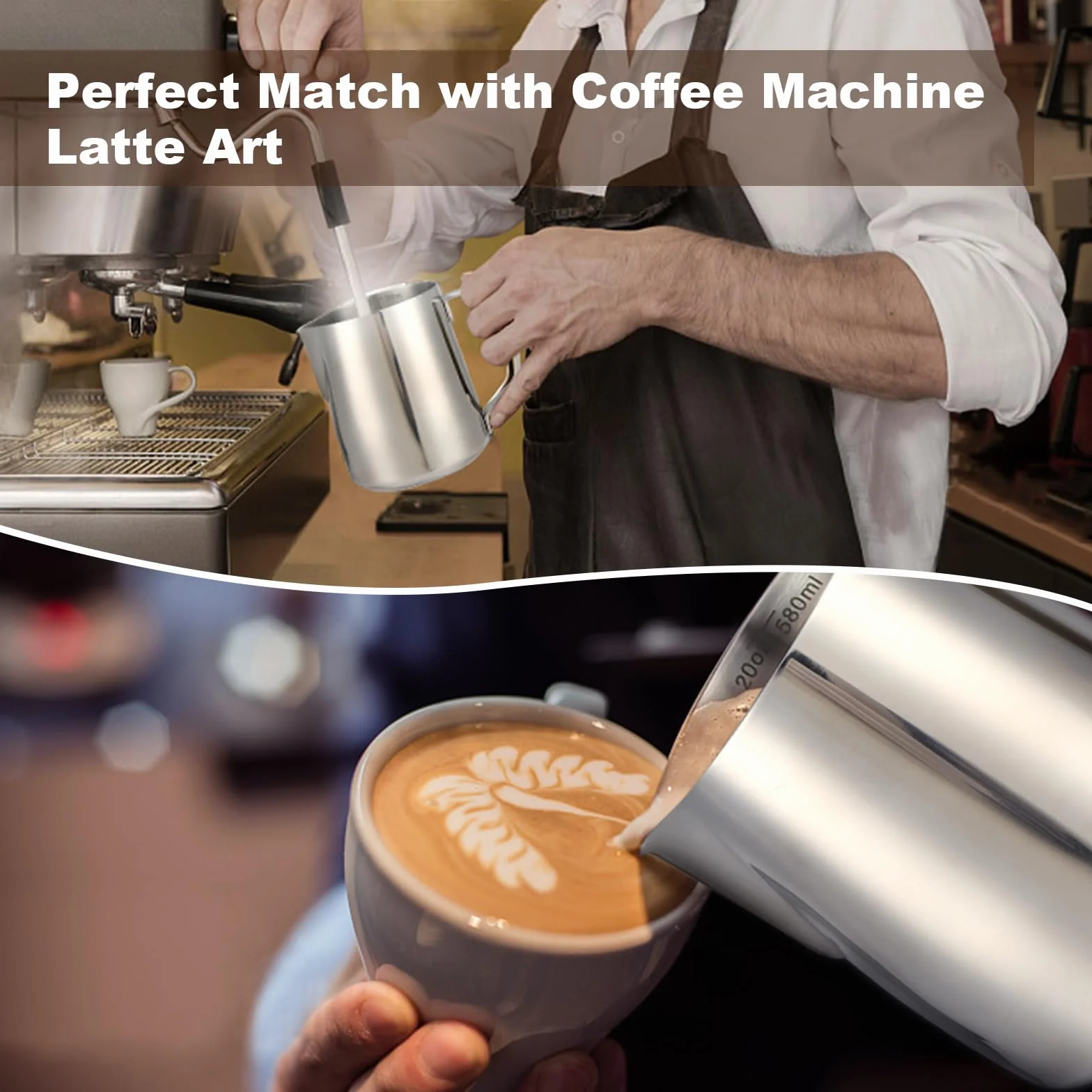 Dzbanek do spieniania mleka do ekspresu do kawy, 600 ml, dzbanek na mleko ze stali nierdzewnej 304, z dekoracyjnym długopisem artystycznym, metalowe akcesoria baristy, do cappuccino, latte i espresso