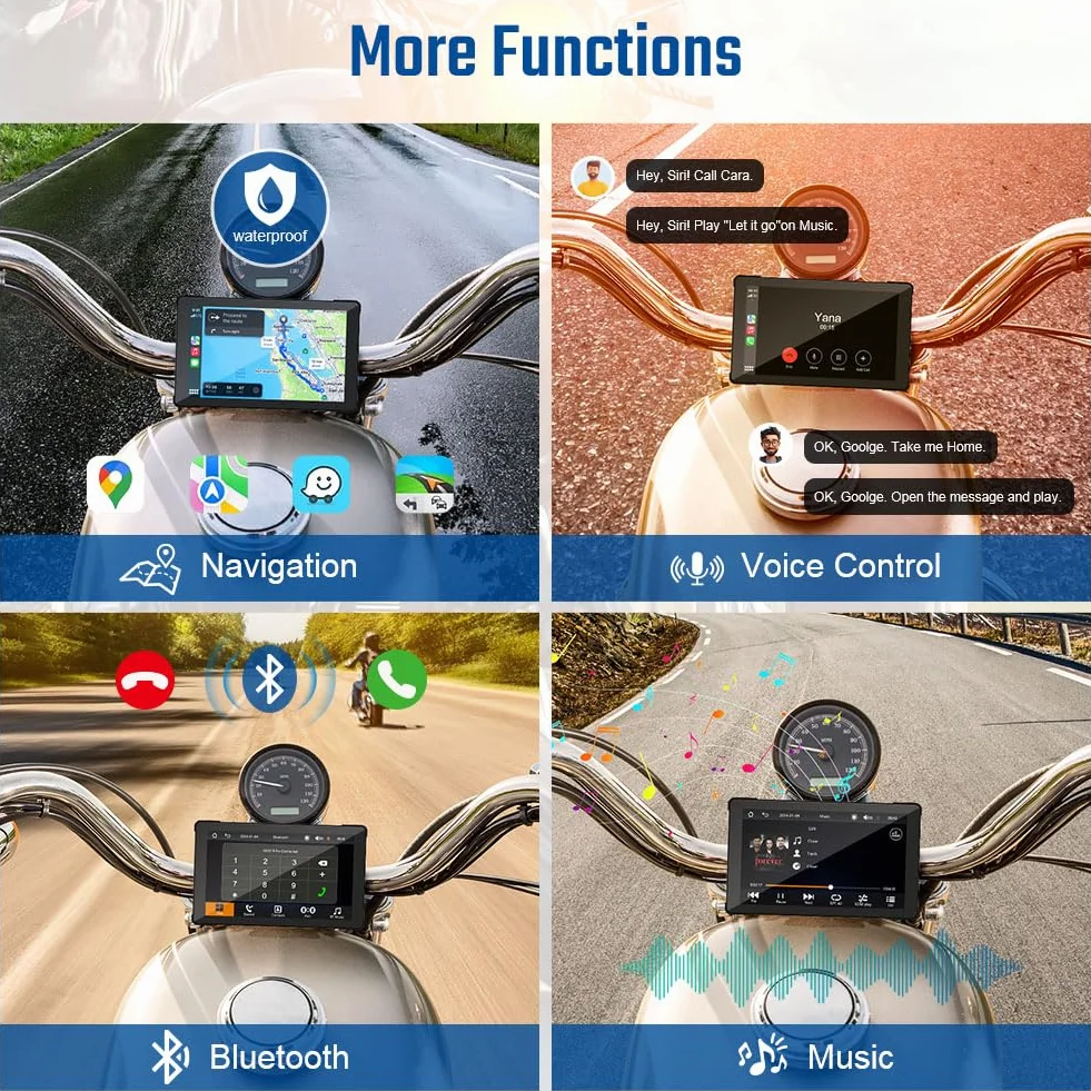 AXFEE Carplay motocyklowy ekran GPS, Carplay do motocykla z przenośnym uchwytem, CarPlay i Android Auto do motocykla, 7-calowy ekran dotykowy, podwójny Bluetooth, karta TF 32 G, GPS, Siri.