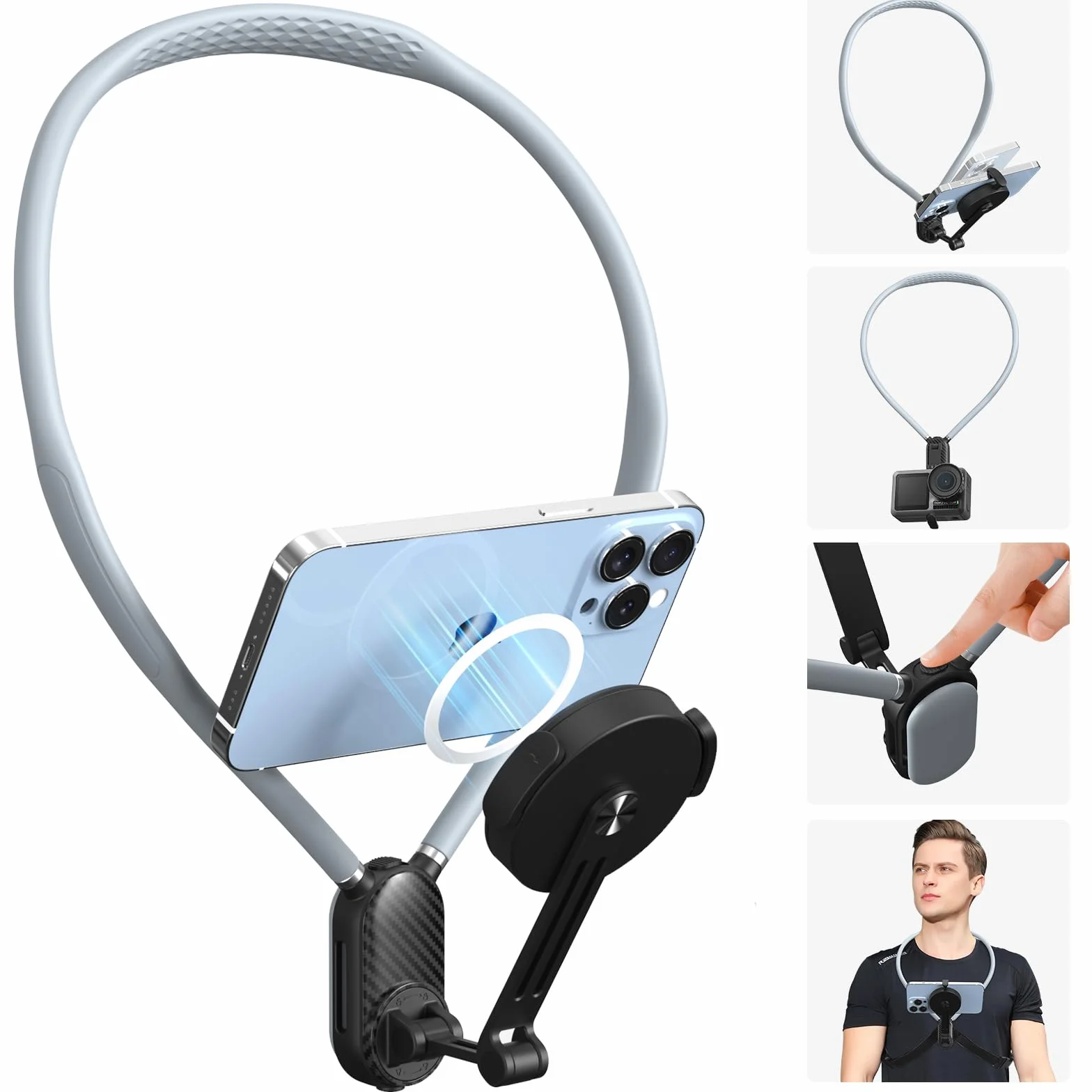 Magnetyczny uchwyt na telefon na szyję POV/Vlog uchwyt do selfie uchwyt na telefon komórkowy z klipsem zabezpieczającym telefon bez użycia rąk uchwyt na szyję stojak na klatkę piersiową pasek