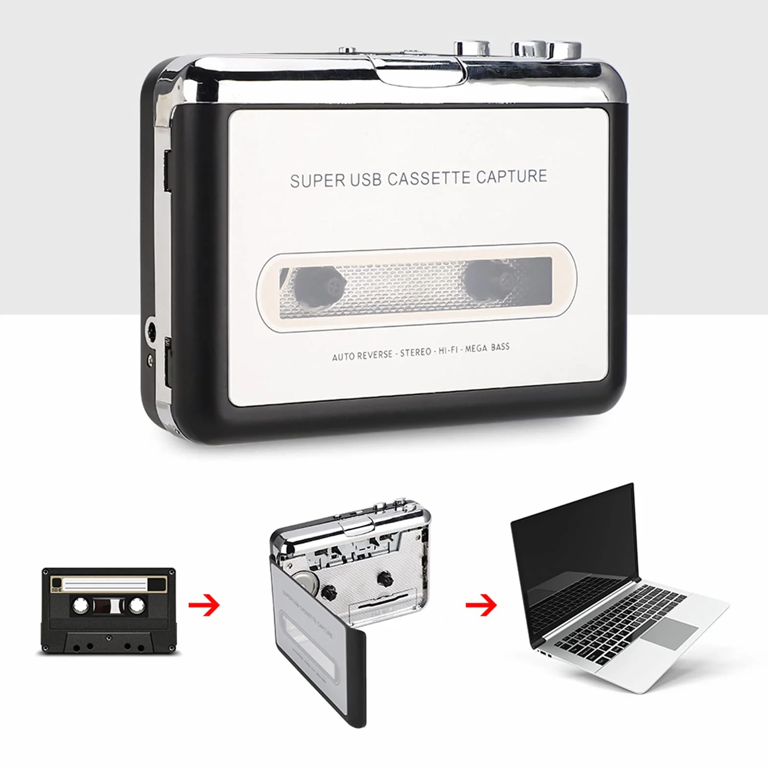 Odtwarzacz kaset audio, konwerter kaset USB na MP3, odtwarzacz muzyczny ze słuchawkami, kompatybilny z laptopami