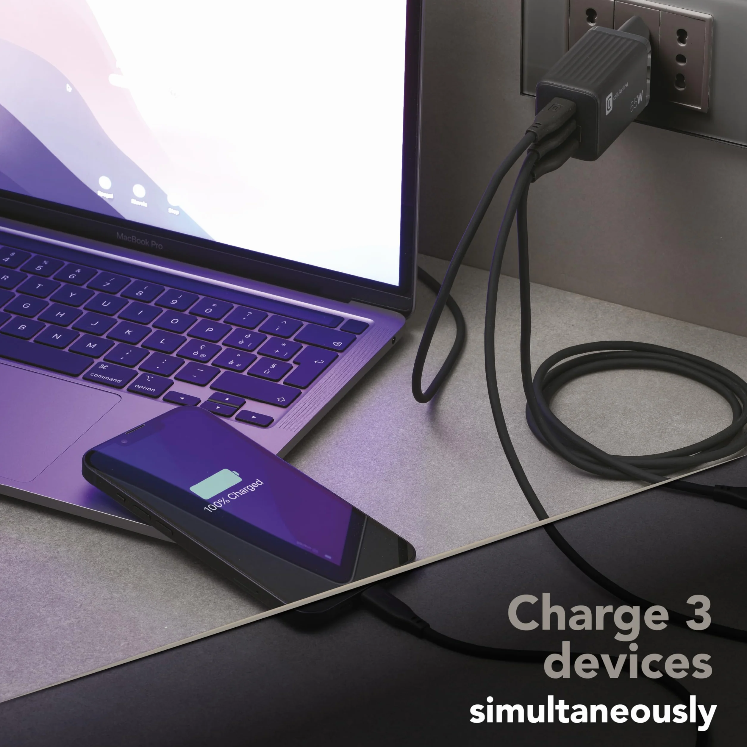 Cellularline | Multipower ładowarka Micro | Super Fast Charger 65 W z 3 portami USB-C z technologią Gan - kompatybilna ze smartfonem, iPhonem, tabletem, iPadem, laptopem i MacBookiem