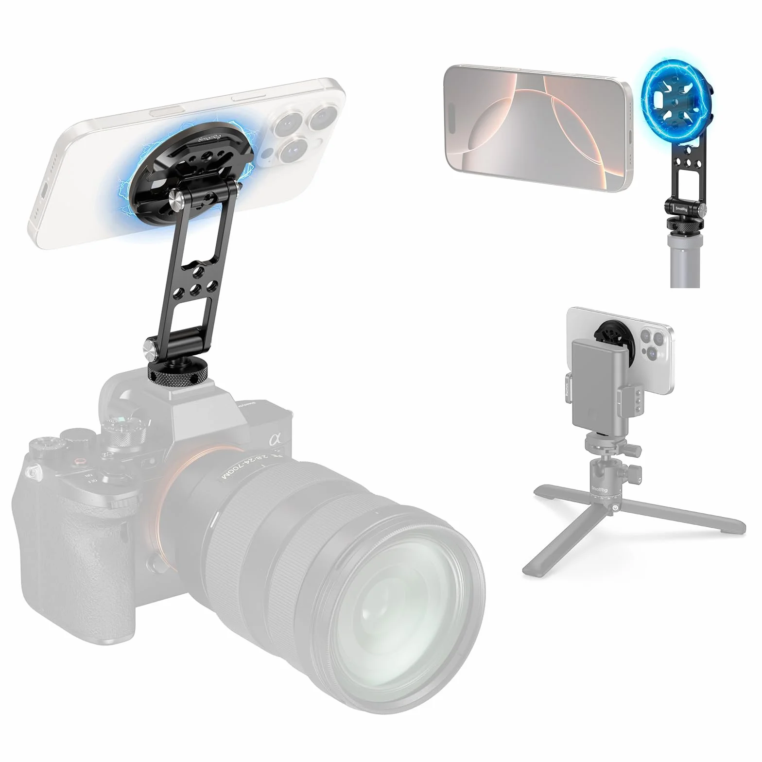 SMALLRIG Uchwyt magnetyczny Metal Phone Mount z mocowaniem na zimną stopkę, regulowany obrotowy uchwyt na statyw do iPhone'a, monitorowanie kamery, statywy, stabilizatory - 5156
