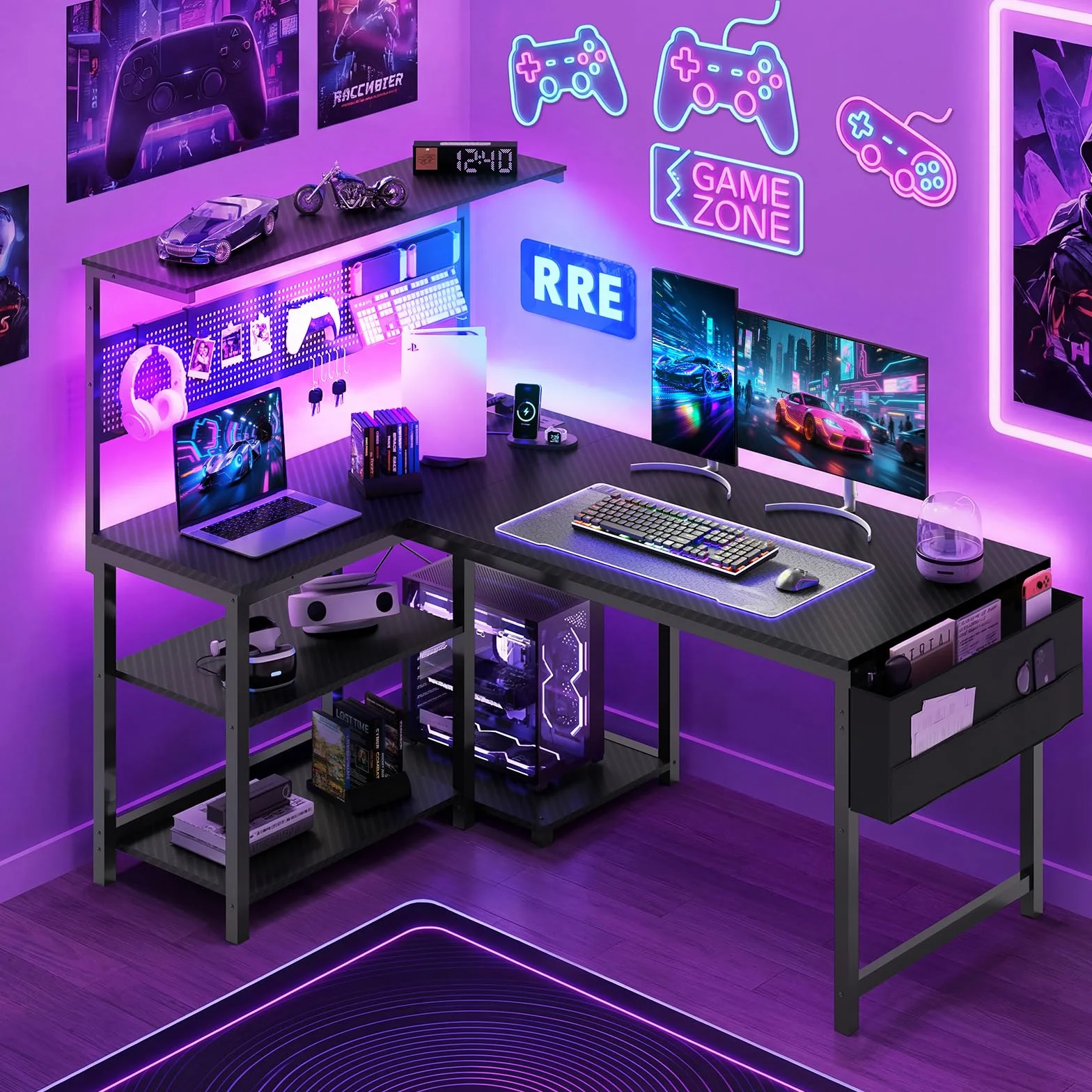 YOUDENOVA Biurko gamingowe w kształcie litery L z diodami LED, gniazdkiem i wejściem USB, dwustronne biurko narożne z regałem, 120 x 80 cm, biurko komputerowe z uchwytem na PC, stół dla graczy do