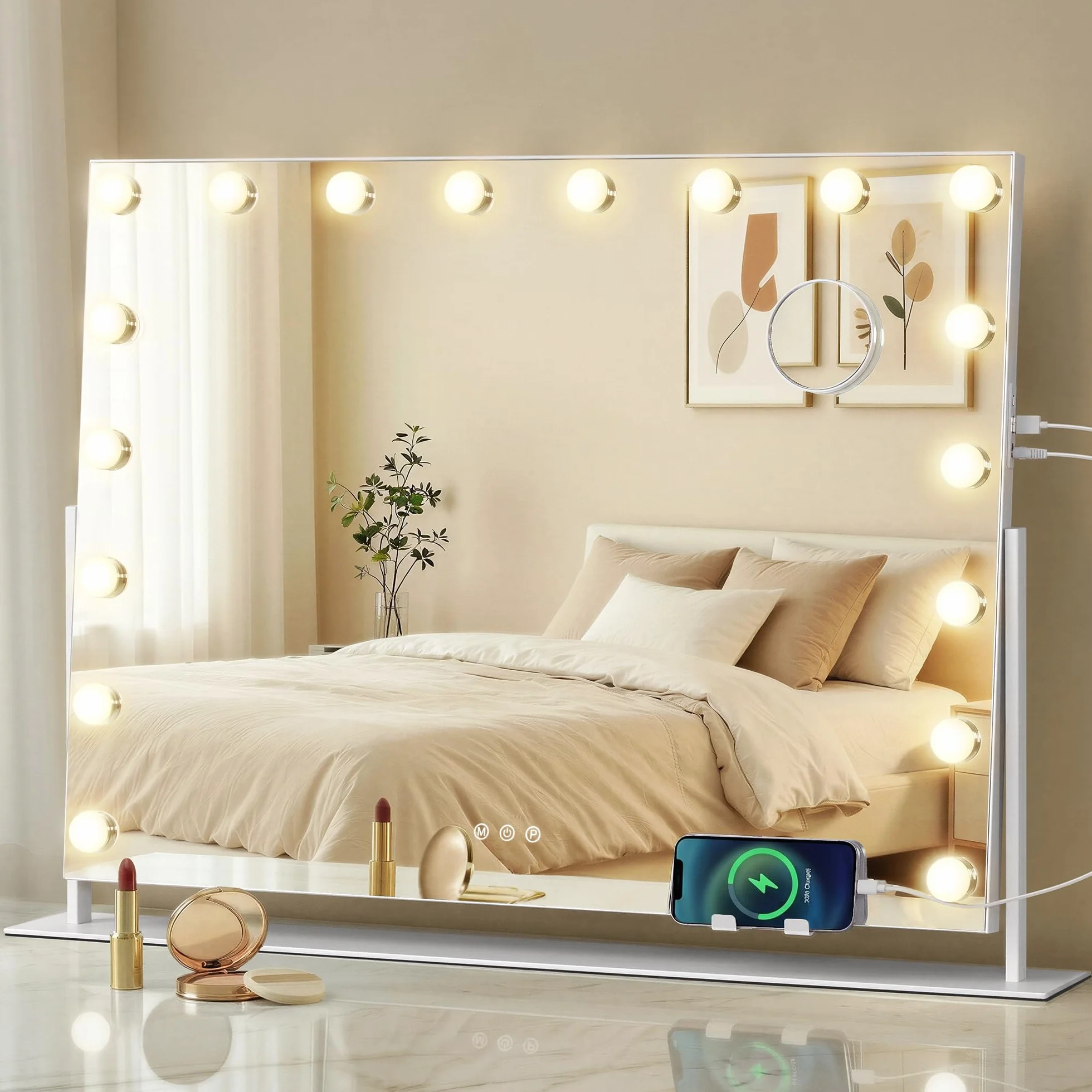 SONGMICS LWM003WC02 lusterko kosmetyczne z 18 żarówkami LED, z portami ładowania, sterowanie dotykowe, 3 kolory światła, możliwość ściemniania, uchwyt na telefon komórkowy, 80 x 60 cm, matowa biel